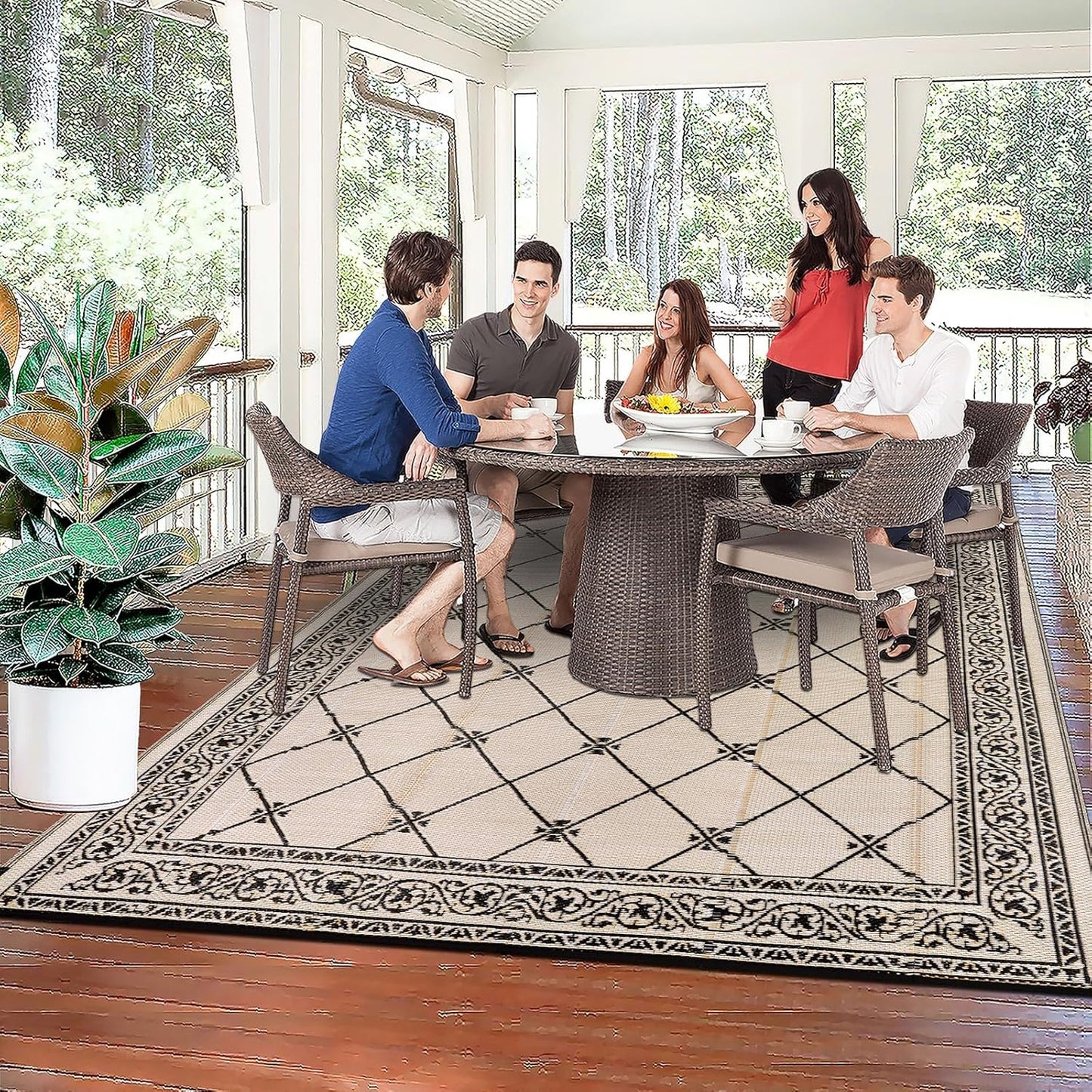 Outdoor Rug 8'x10' for Patios Waterproof Patio Rugs Outdoor Mats for Front Porch,Beach Mat,Reversible Plastic Straw Camping Rugs for Outside RV,Deck,Balcony,Backyard，Black&Beige
