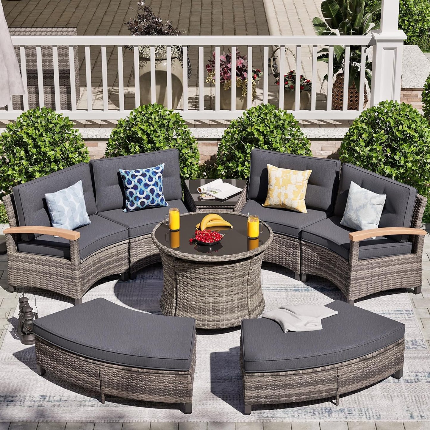 8 Piece Outdoor Patio Furniture Set, Half-Moon Curved Sectional Set with Wood Armrests, Patio Conversation Set, 2 Half-Moon Ottomans, Round Table & Side Table (Grey)