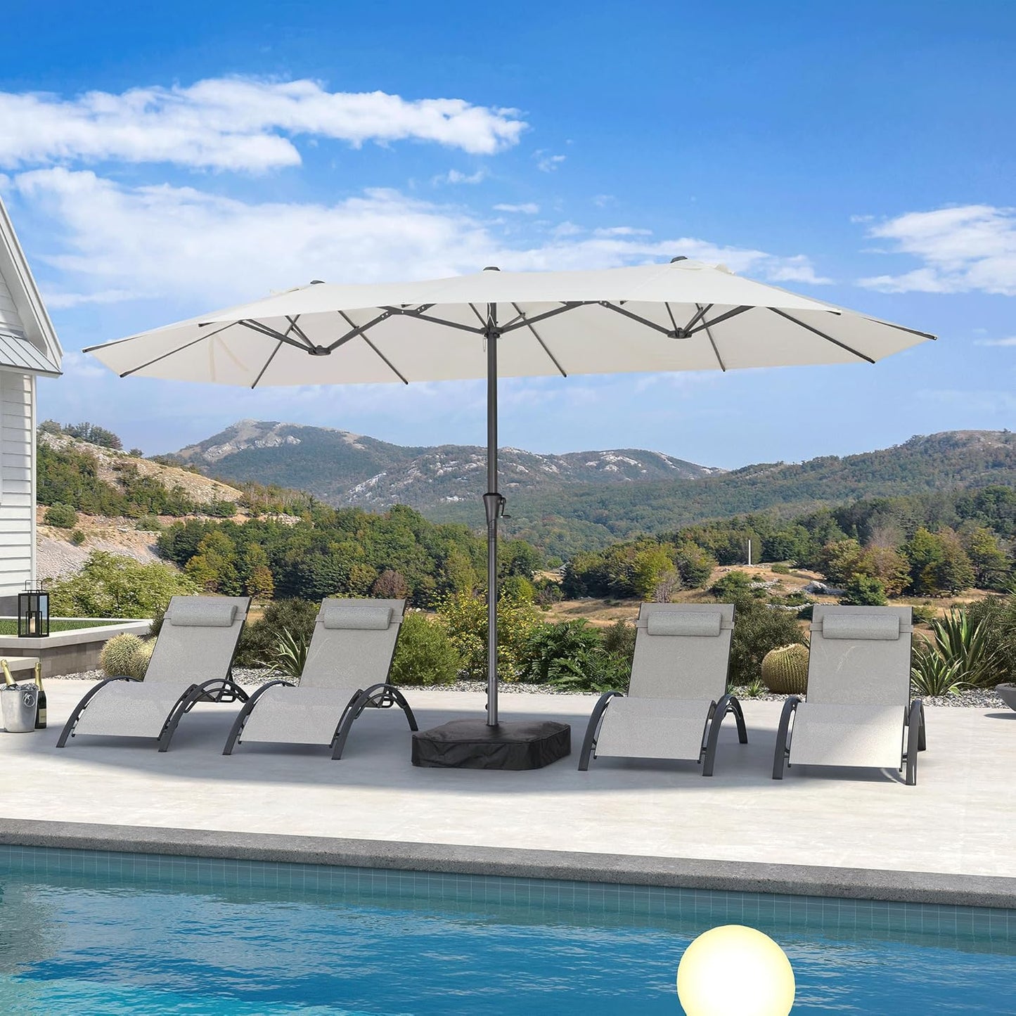 PURPLE LEAF 14ft Patio Market Umbrella Outdoor Double-Sided Umbrella with Base and Crank Rectangle Table Umbrella for Pool Deck Garden, White