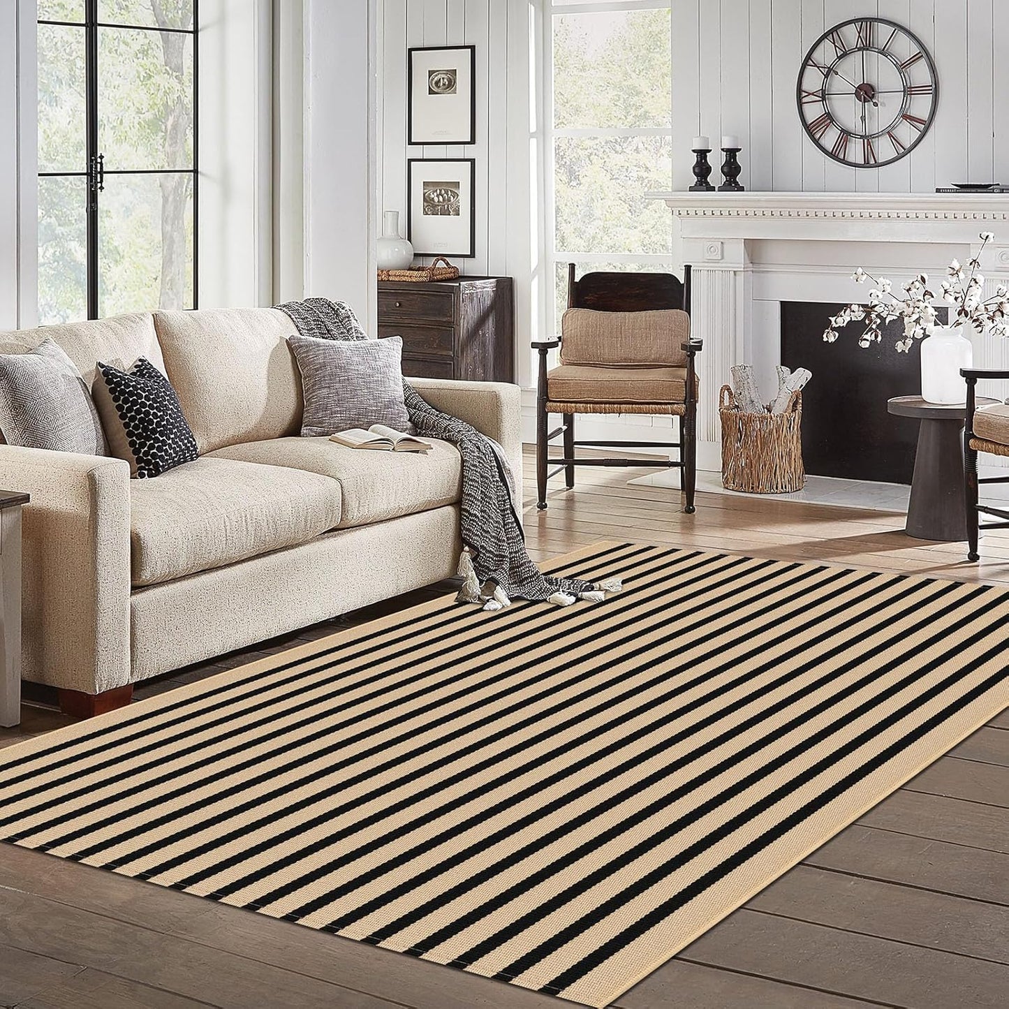 IOHOUZE Striped Area Rug 5'x7' Indoor Outdoor Rug, Washable Area Rug for Living Room, Large Patio Rug, Cotton Striped Rugs for Patio Living Room Bedroom,Tan/Black