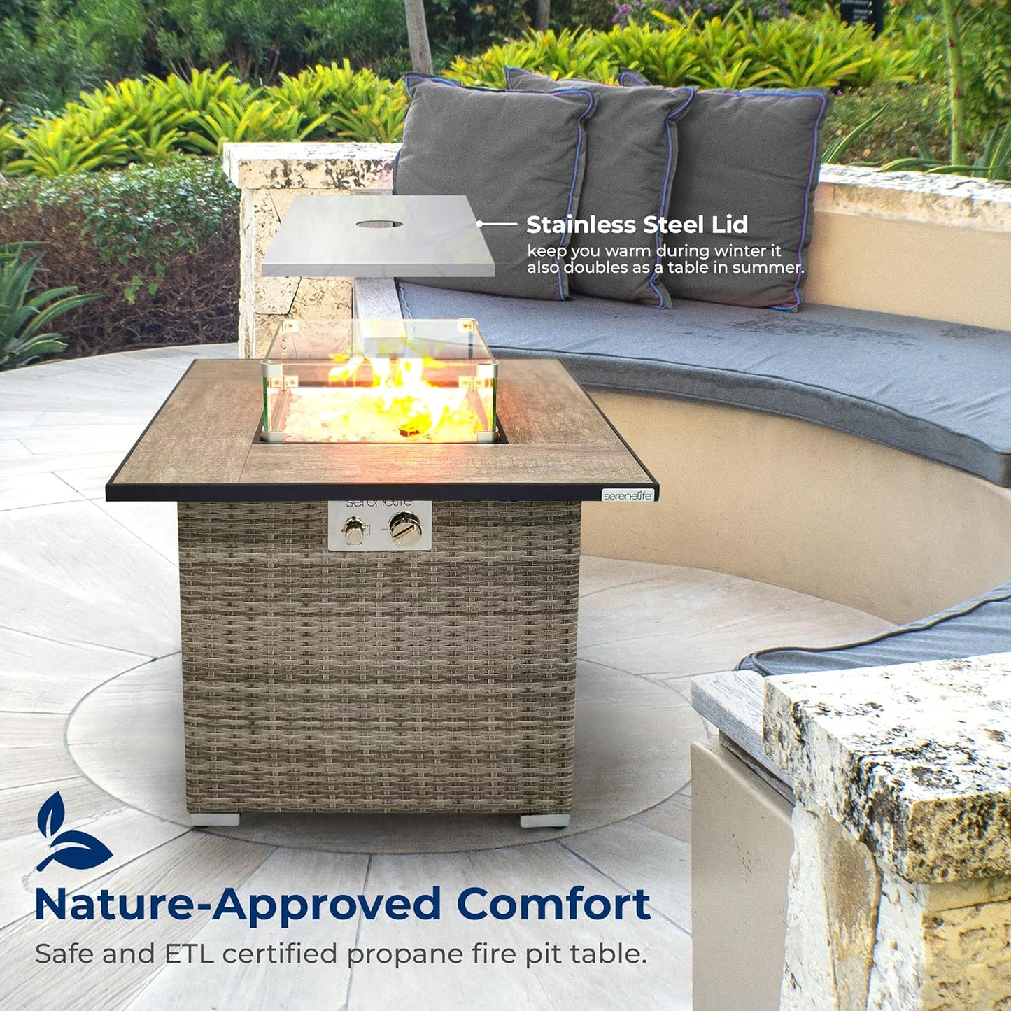 SereneLife Outdoor Propane Fire Pit Table - CSA/ETL Certified Safe 50,000 BTU Pulse Ignition Weatherproof Square Wicker Propane Gas Fire Table w/Tile Tabletop Adjustable Flame - Glass Rocks