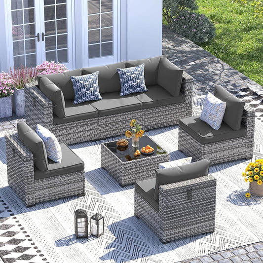UDPATIO Patio Furniture Set, 7 Piece Outdoor Sectional Modular Sofa with 4'' Thickened Cushions, Wicker Outdoor Furniture Conversation Sets with Waterproof Cover for Backyard Deck(Grey/Dark Grey)