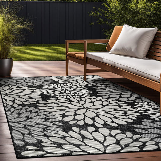 Beverly Rug Outdoor Rug 9x12 Modern Exotic Tropical Leaf Area Rugs for Indoor and Outdoor Patio Deck Porch Garden Water Resistant Washable Outside Carpet (9 x 12 Dark Gray)