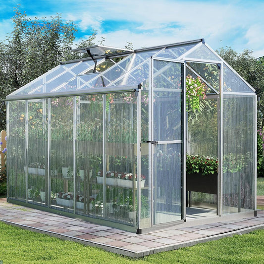 Aoodor 6 x 10 Ft Walk-in Greenhouse with Gutter, Polycarbonate and Heavy-Duty Aluminum Frame, Adjustment Skylight and Lockable 2-Sided Door for Patio, Outdoor, Yard, Lawn Use, Silver