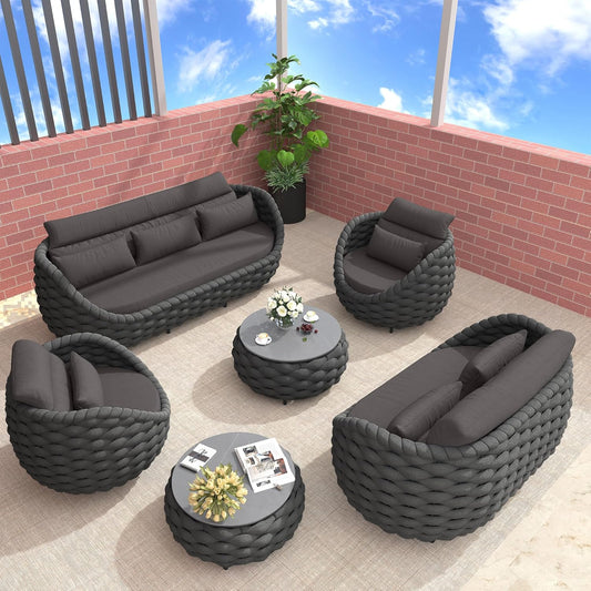 TWT 6-Piece Patio Furniture Set, Modern Outdoor Conversation Set Aluminum Sectional Sofa with Water Repellent Thick Cushions and Coffee Tables, Dark Grey