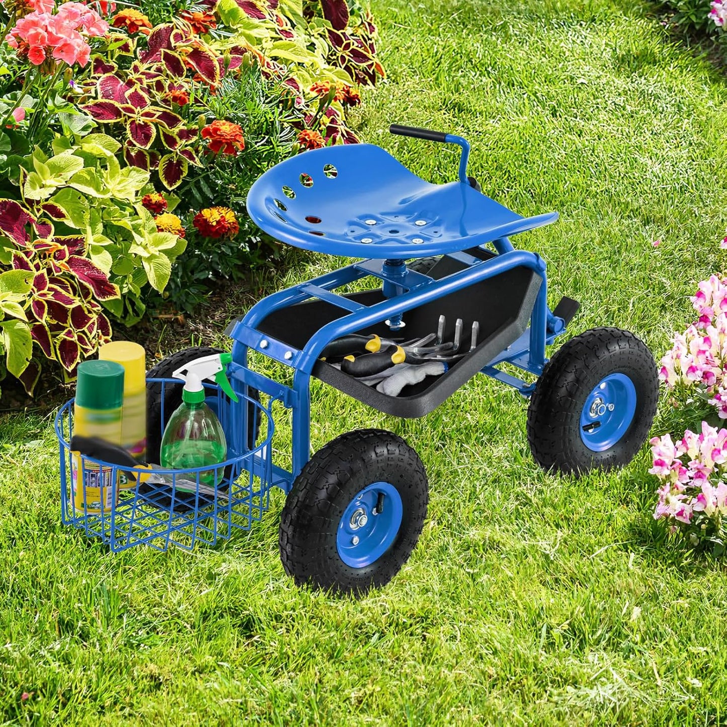 Goplus Rolling Garden Seat with Wheels, Outdoor Gardening Scooter with 360° Swivel Seat, Tool Tray & Basket, Adjustable Steering Handle for Lawn, Gardening Stool, Garden Cart for Planting