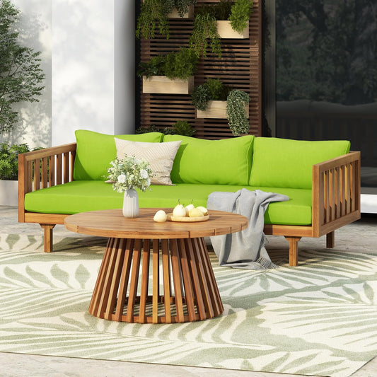 Christopher Knight Home Claremont Patio Sofa and Coffee Table Set, 2 Piece Outdoor Patio Furniture Set with Cushion, Acacia Wood 3 Seater Outdoor Sofa Daybed and Coffee Table Set, Teak+Light Green