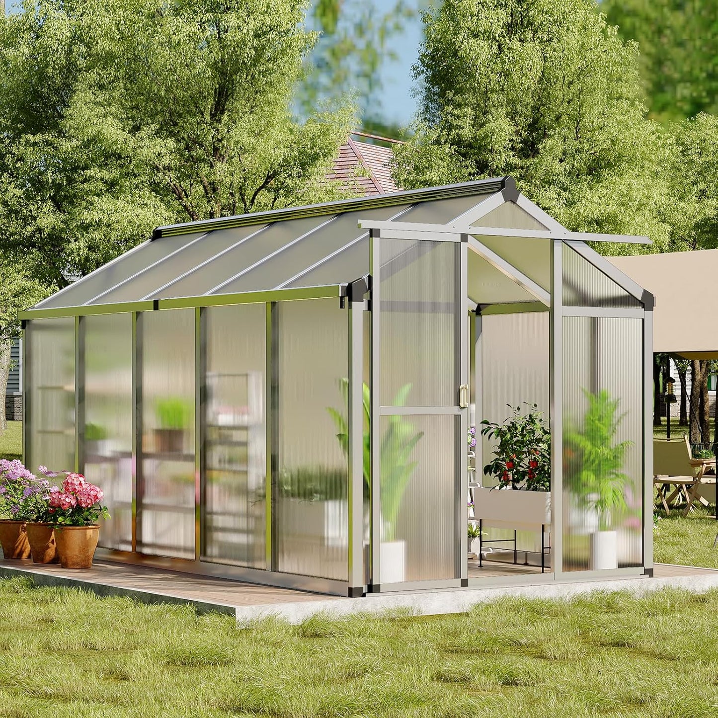 6 x 10 FT Greenhouse, Greenhouses for Outside, Polycarbonate Greenhouse with Aluminum Frame, Lockable Door and Ajustable Roof Vent for Backyard, Green Houses for Outside Garden Backyard, Patio