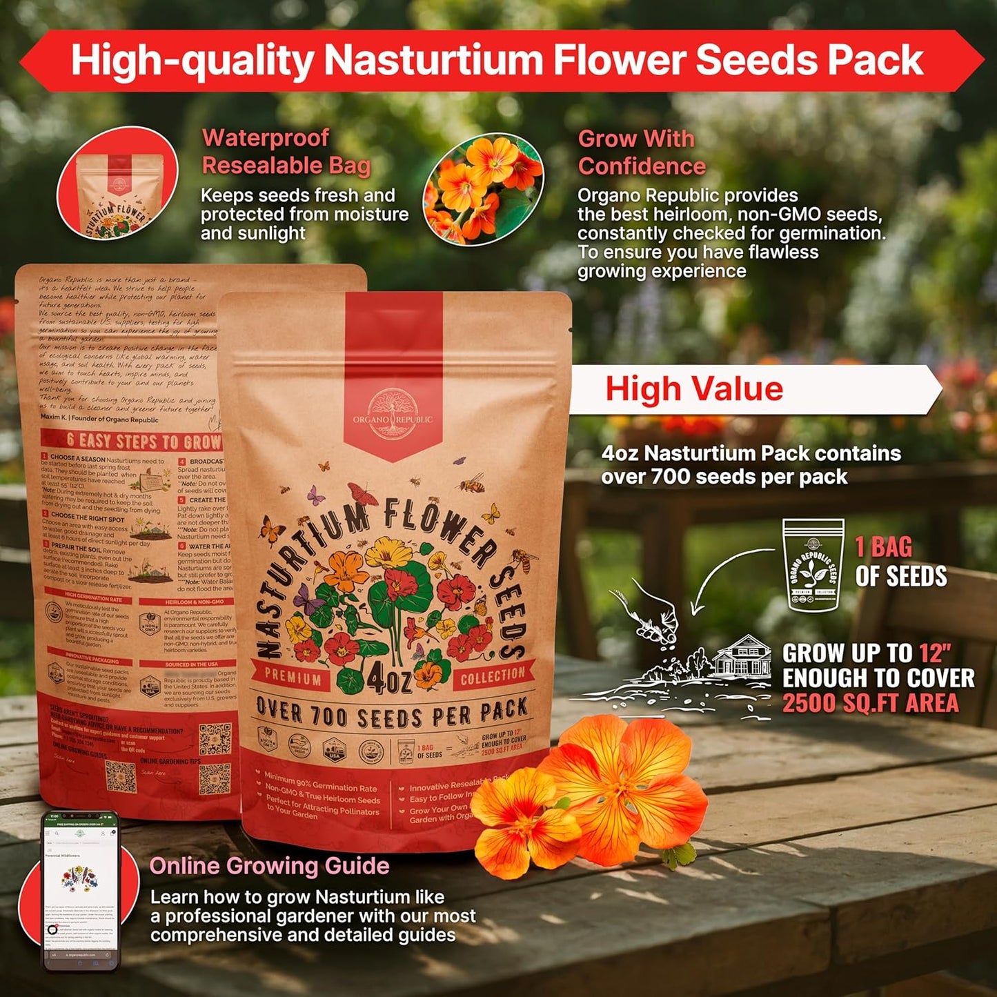 Nasturtium Seeds Pack 4 oz - Over 700 Non-GMO Heirloom Nasturtium Seeds for Planting, Edible Flowers in Individual Seed Packet for Planting Home Garden Indoor & Outdoor Gardening