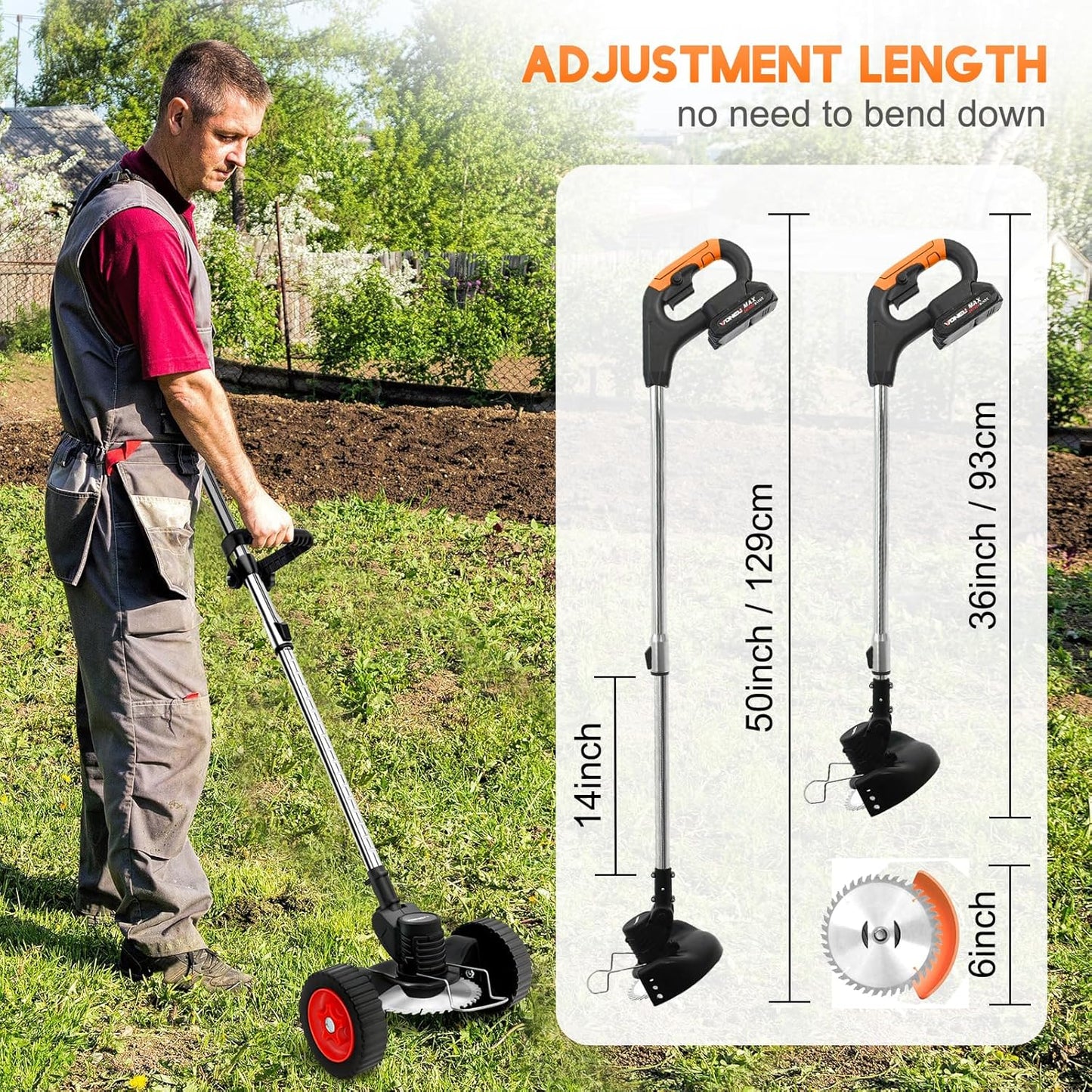 21V Electric Weed Wacker, Cordless Grass Trimmer with 2 Batteries & Charger, 3 in 1 Stringless Brush Cutter/Weed Eater/Edger/Lawn Mower with 3 Types Blade & Wheels for Garden and Yard Lawn