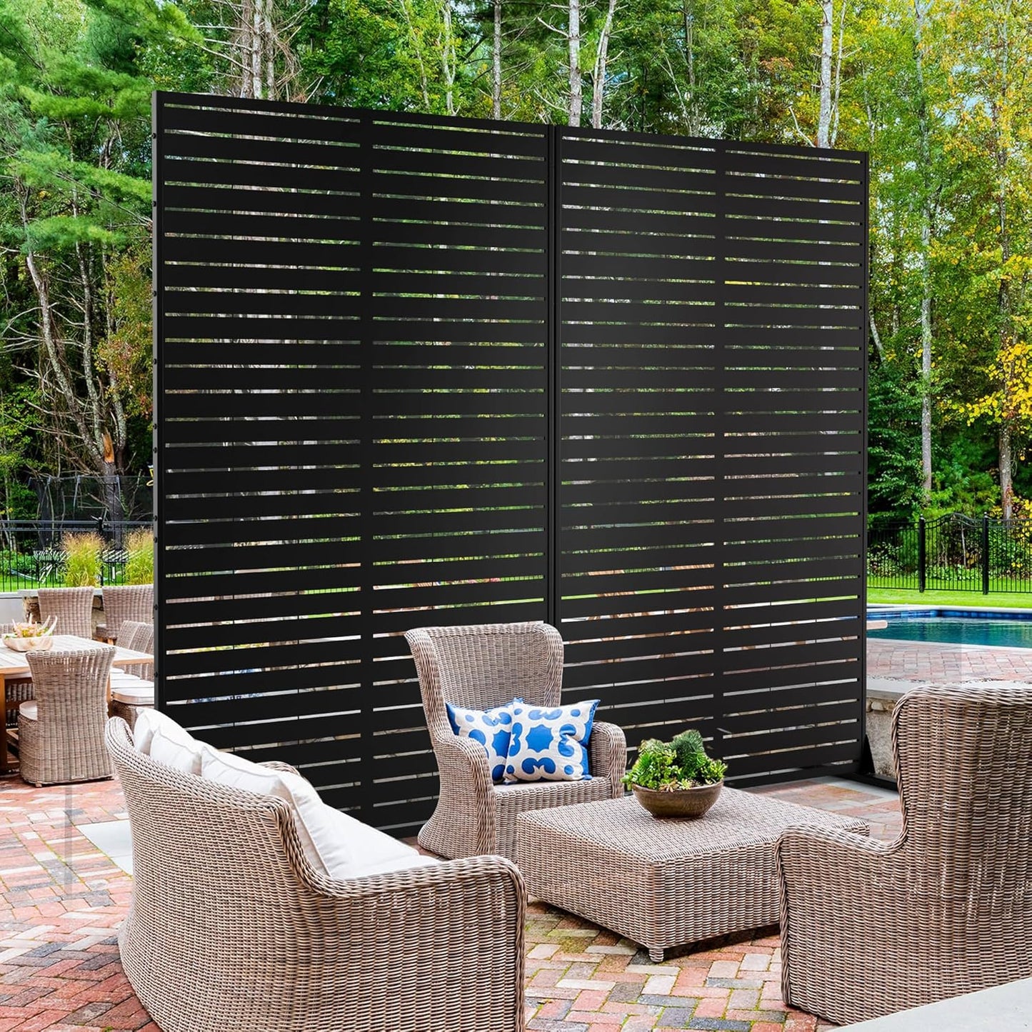 Metal Privacy Screen Outdoor 72" H×44" W,Freestanding Decorative Privacy Screen for Balcony Yard&Garden,Privacy Fence Black&Louvered(5 Panels)