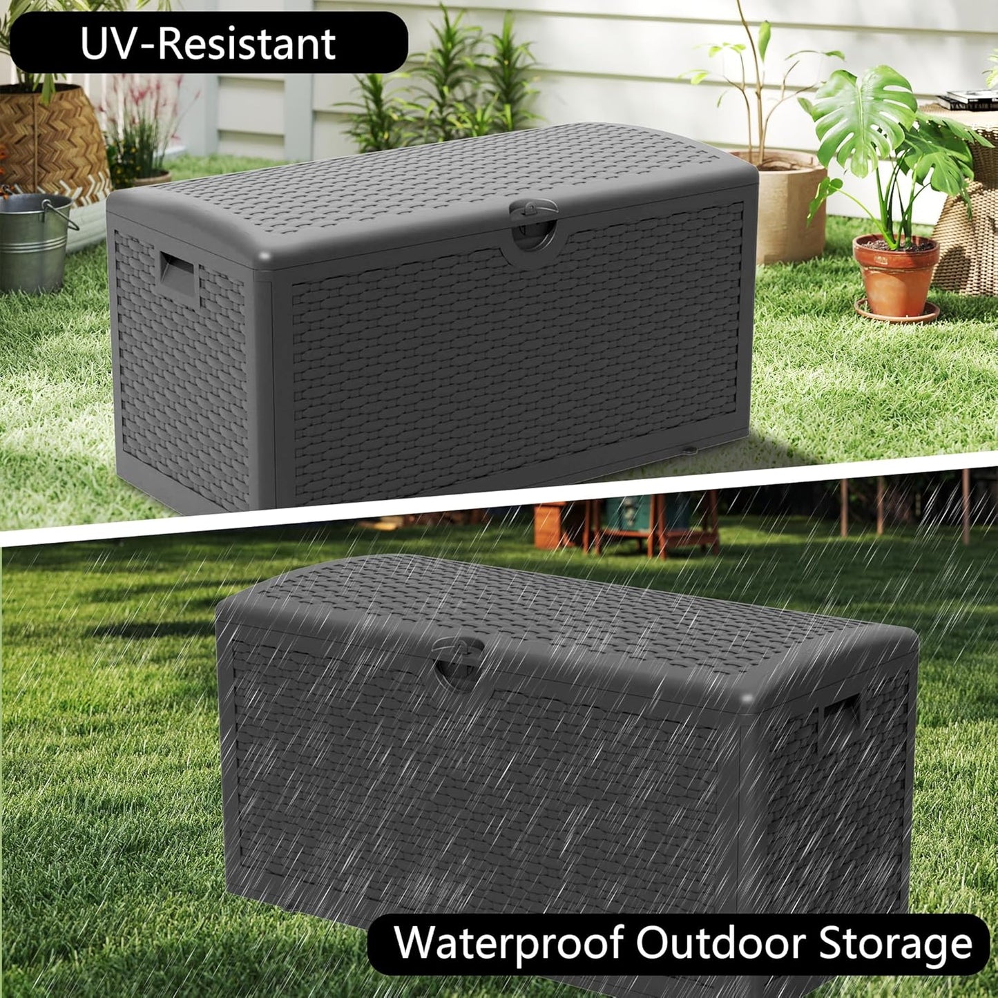 80 Gallon Plus Outdoor Storage Box Waterproof Lockable Resin Deck Box Large, Patio Storage Bin for Pool Accessories Cushion Furniture, Garden Tools, UV-Resistant Outside Delivery Black