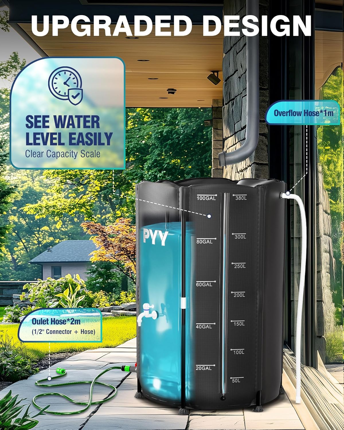 PYY Rain Barrel - 100 Gallon Water Storage Tank with Spigots, Portable Rain Catcher to Collect Rainwater from Gutter, Large Plastic Rain Catchment System with Collapsible Bucket, Black