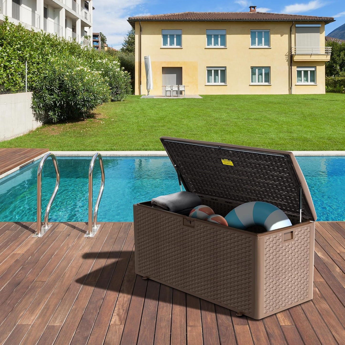 Premium Pro Edition 180 Gallon Lockable Resin Deck Box, Waterproof & UV-Resistant Outdoor Storage Box for Outdoor Cushion Storage, Garden Tools & Pool Accessories Storage, Brown