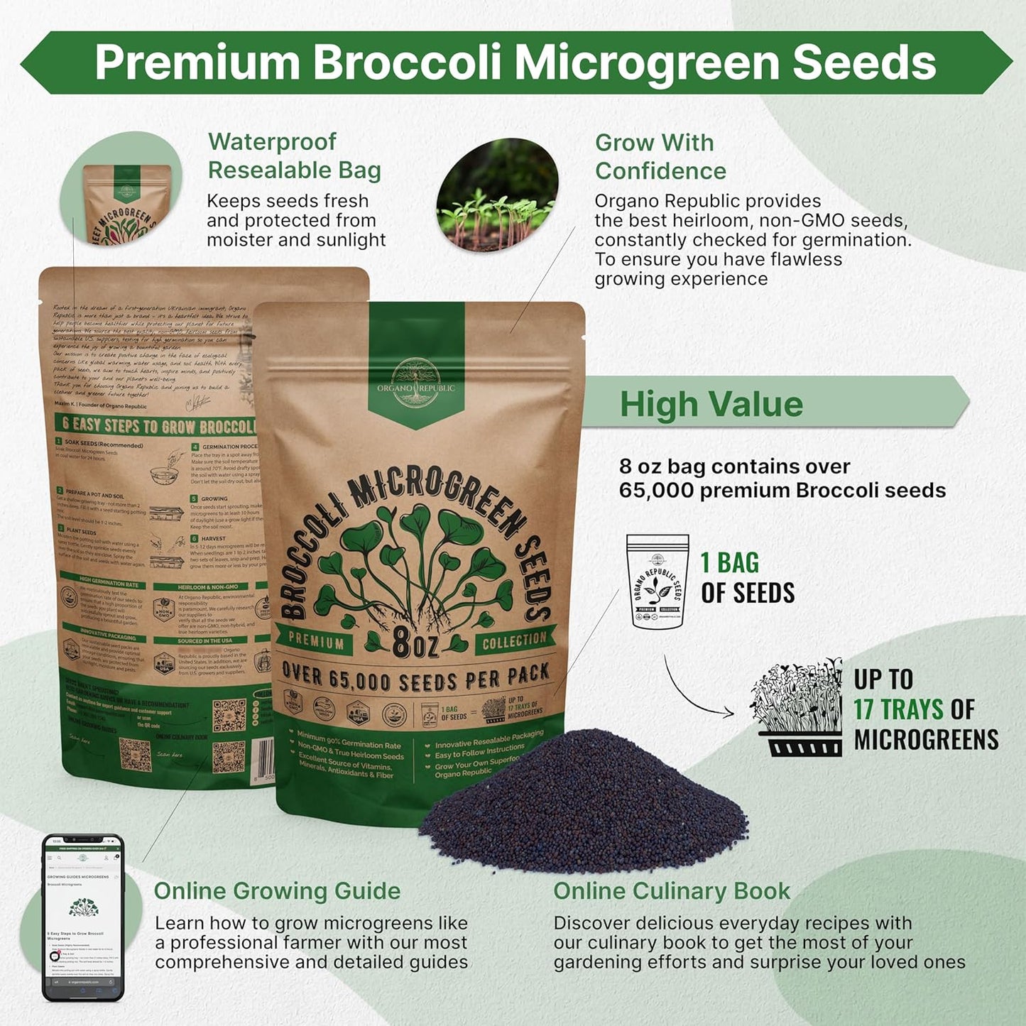 Organo Republic Broccoli Sprouting & Microgreens Seeds - 65,000 Non-GMO Heirloom Seeds, Sprouts in Bulk 8oz Resealable Bag for Planting & Growing in Soil, Coconut Coir, Aeroponic & Hydroponic System
