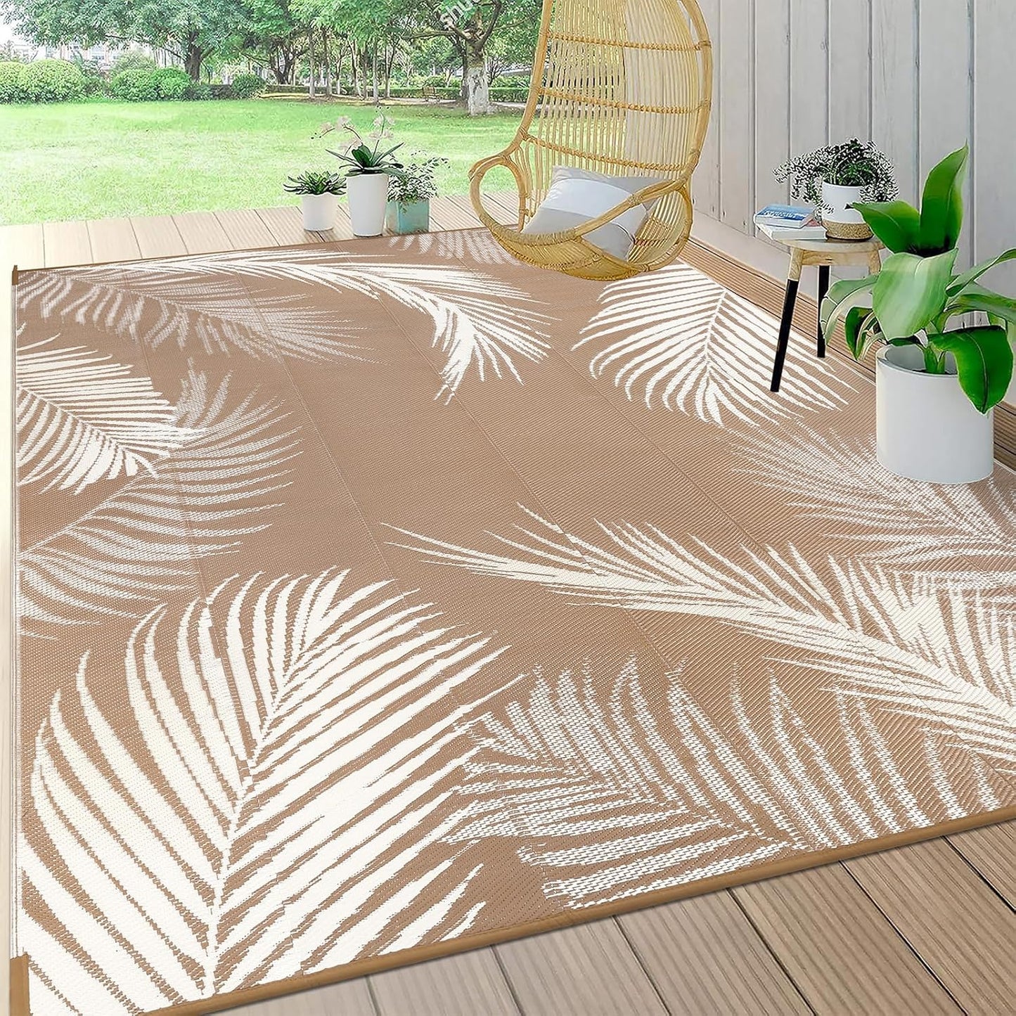 Pauwer Waterproof Outdoor Rug 9x12, Reversible Plastic Straw Patio Camping Rug, Indoor Outdoor RV Mat Carpet for Deck, Camper, Porch, Balcony, Backyard, Picnic, Leaf Brown