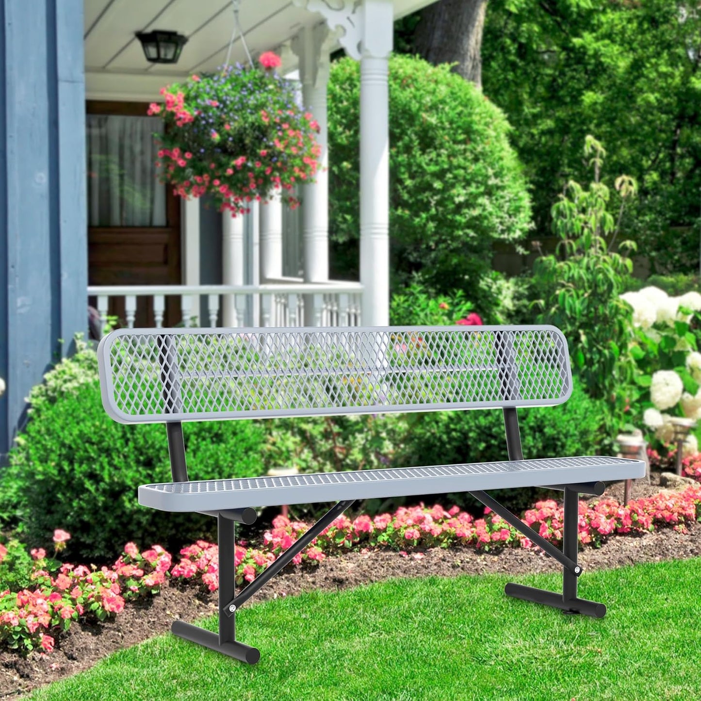 Heavy Duty Park Bench with Back Portable Frame, Outdoor Steel Bench with Backrest, Outdoor Park Bench Expanded Metal Mesh Bench for Lawn, Park, Deck, Garden, Patio, Porch, Black (Gray, 6FT)
