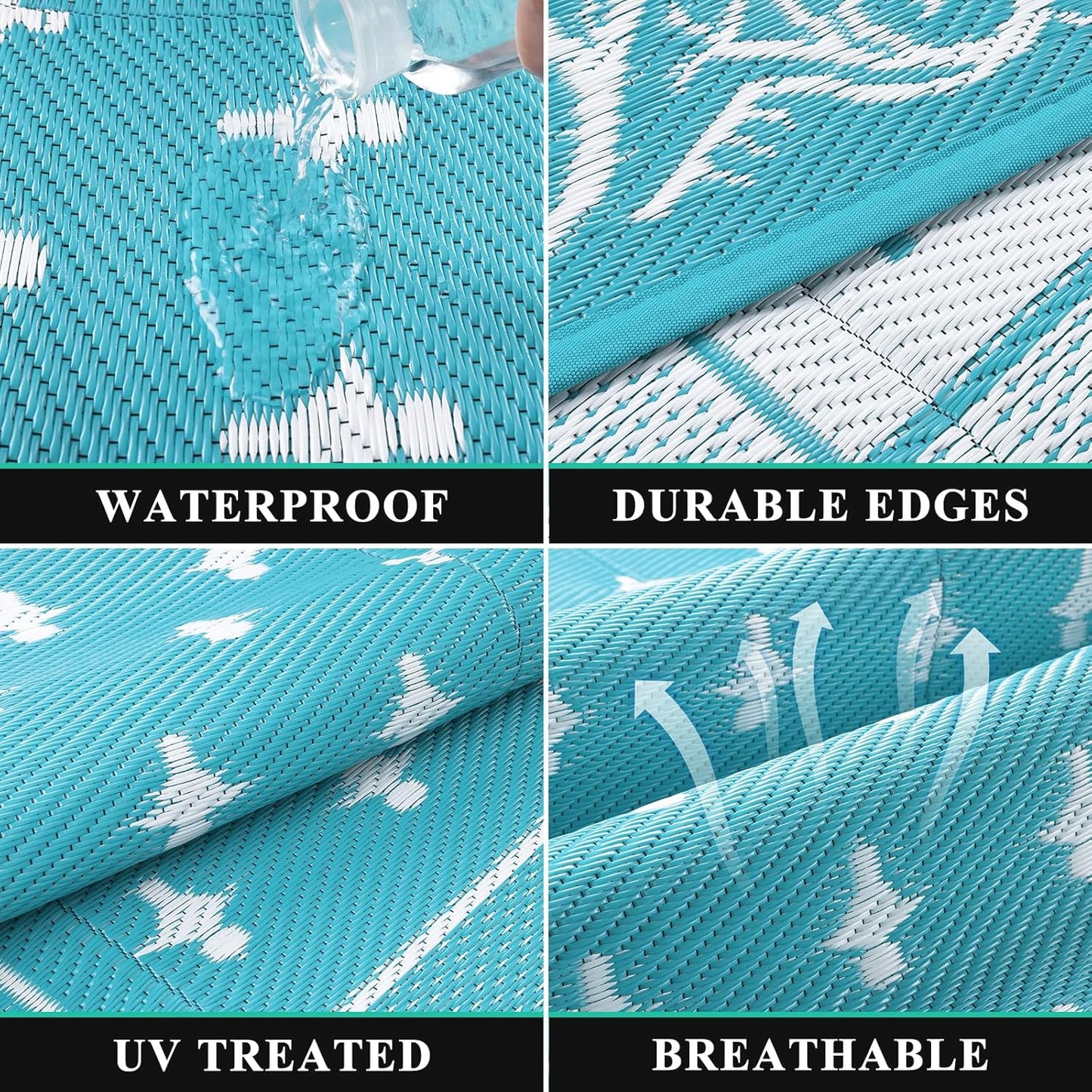 Pauwer Waterproof Outdoor Rug 9x12, Reversible Plastic Straw Patio Camping Rug, Indoor Outdoor RV Mat Carpet for Deck, Camper, Porch, Balcony, Backyard, Picnic, Bordered Teal