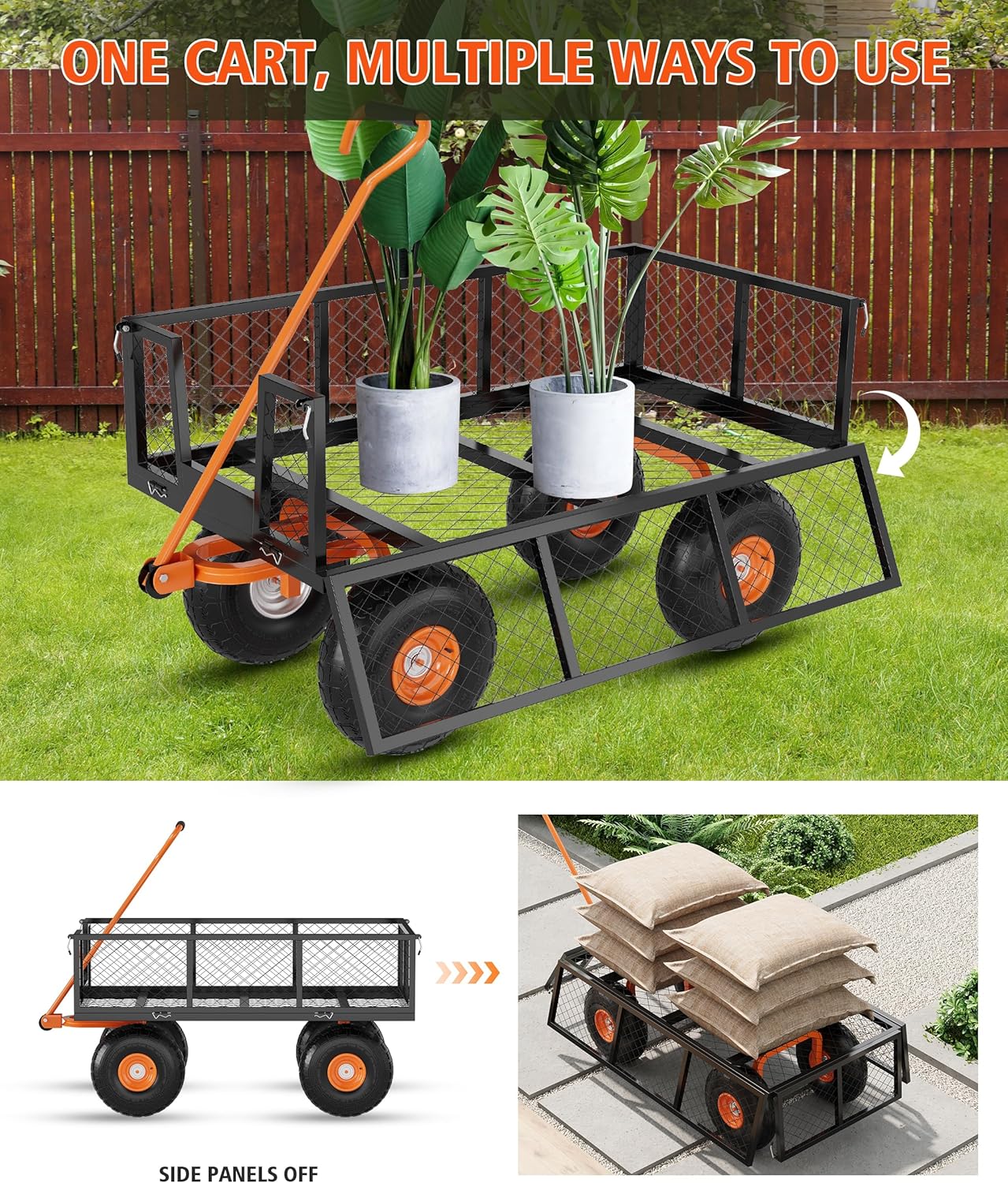 Heavy Duty Steel Garden Cart, 500 LBS Capacity 3 in 1 Pullable Garden Wagon with 10" Wheels, for Gardening Soil, Tools, and Plant Transport