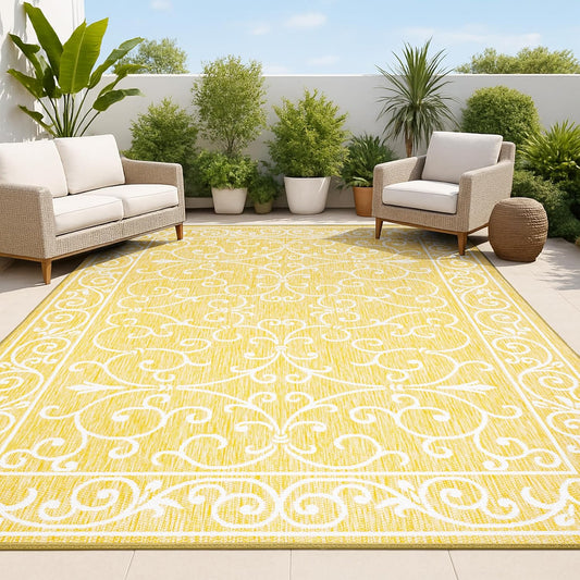 JONATHAN Y SMB106L-3 Charleston Vintage Filigree Textured Weave Indoor Outdoor Area Rug, Classic Traditional Easy-Cleaning,Bedroom,Kitchen,Backyard,Patio,Non Shedding, 3 X 5, Yellow/Cream