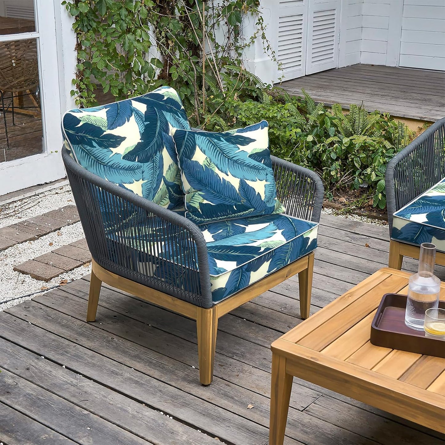 LVTXIII Outdoor Deep Seat Cushion 24"x24"x4" Patio Seat and Back Cushion Set Seasonal Chair Cushion for Dining Arm Chairs, Wicker Chairs and Garden Furniture Decoration, Swaying Palms Blue