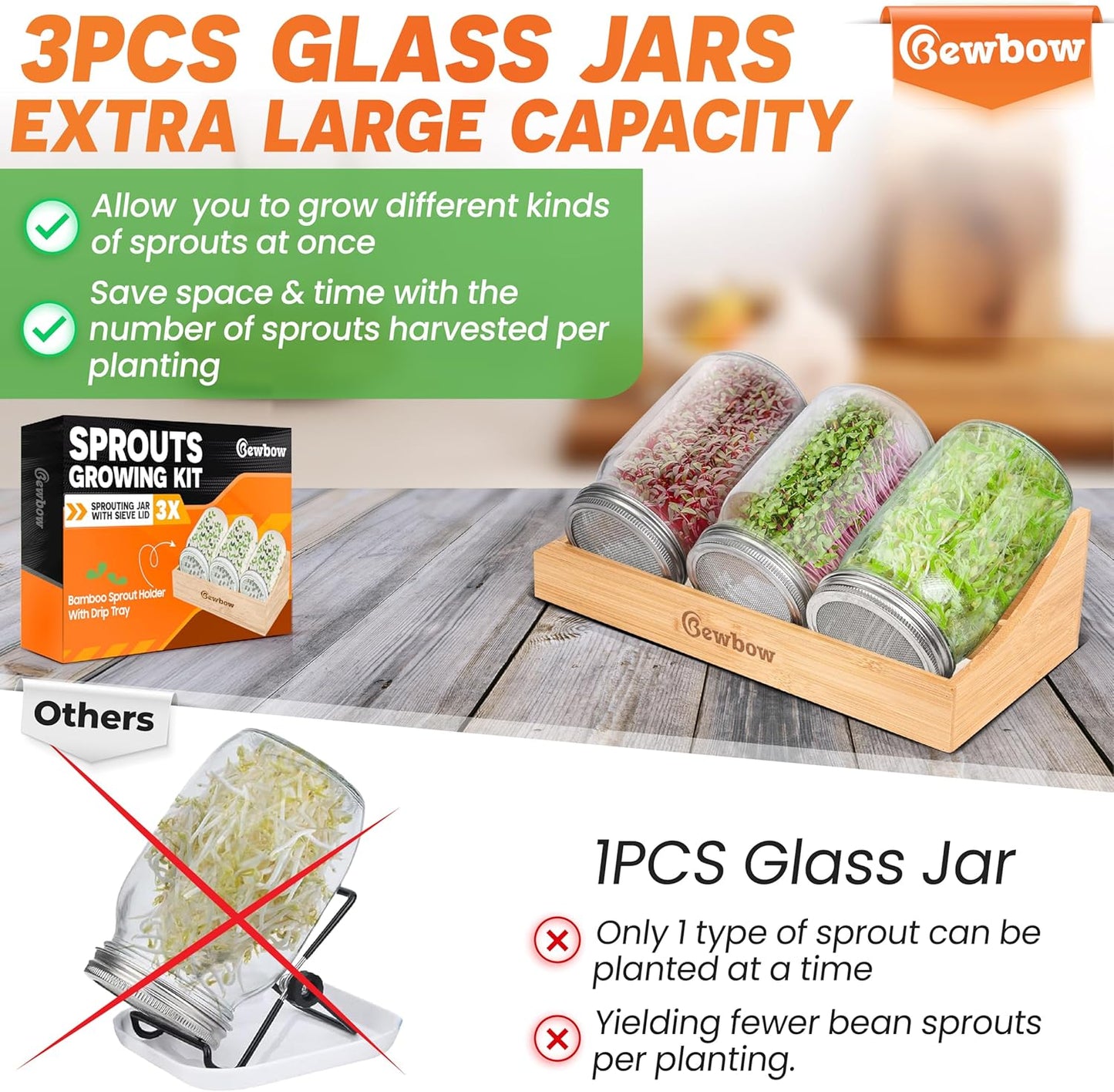 [Upgraded] 3 PCS Seed Sprouting Mason Jar Kit with Bamboo Holder, Drain Tray, Screen Lids, Blackout Sleeves, Good Ventilation & Drainage Capacity, Growing Fresh Organic Mung Beans & Microgreens