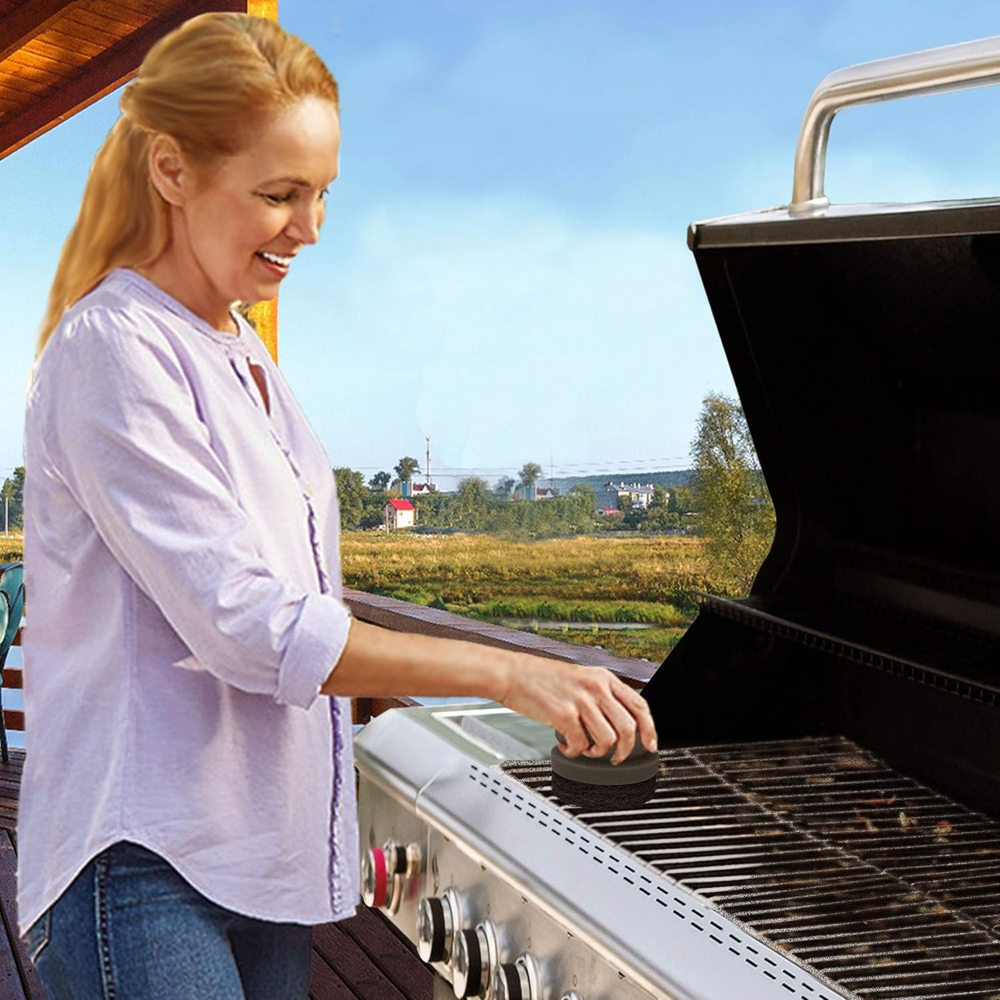 SCRUBIT Grill Cleaning Brush - Grill Sponge Bristle Free BBQ Cleaner with Heavy Duty Scrubber Pad, Safe Cast Iron and Griddle Scraper Pads, Ideal Accessories for Charcoal and Gas Grills - 2 Pack