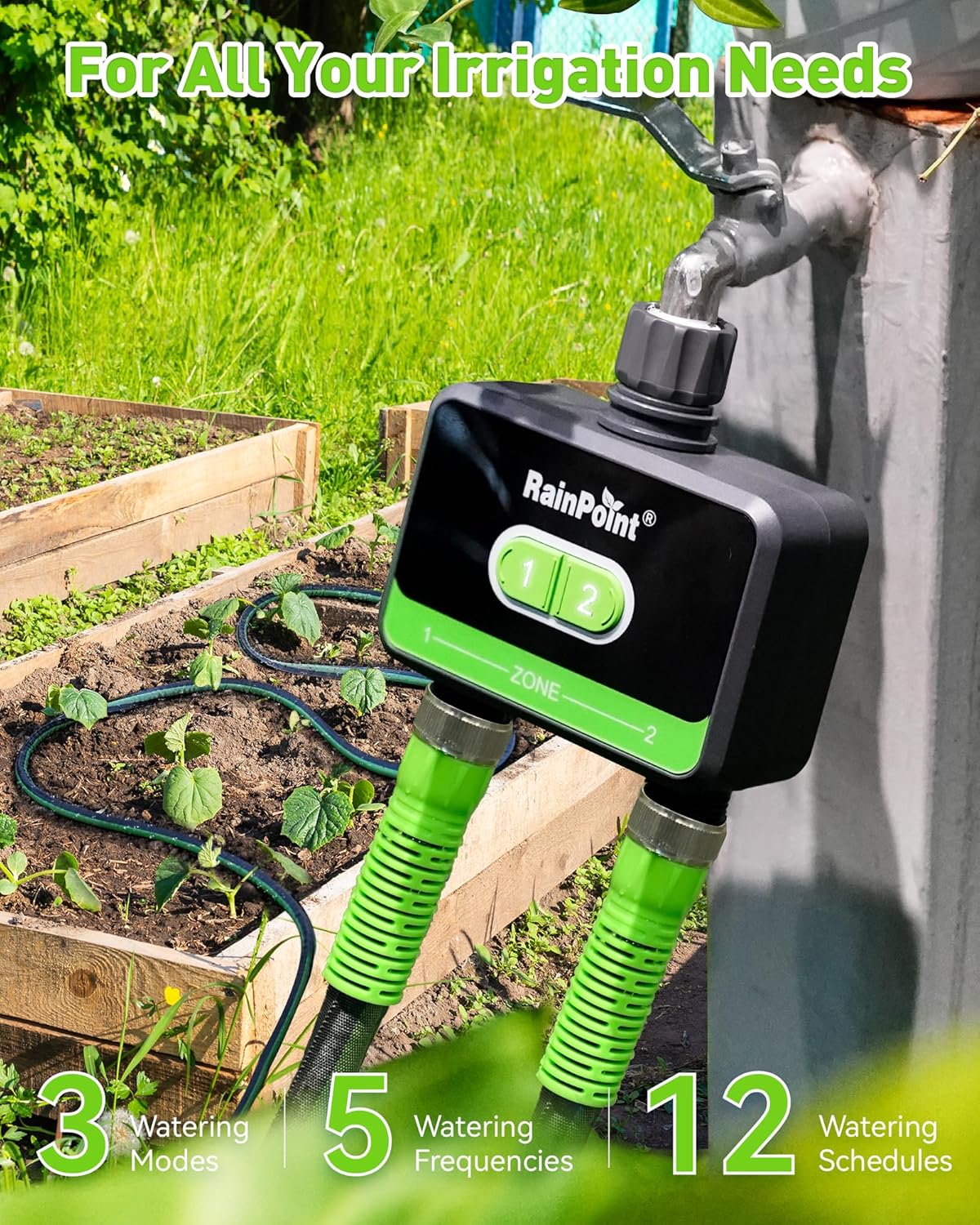 RainPoint WiFi Water Timer for Garden Hose, 2-Zone Smart Sprinkler Timer, WiFi Irrigation Controller, Automatic Watering System for Lawns and Yard