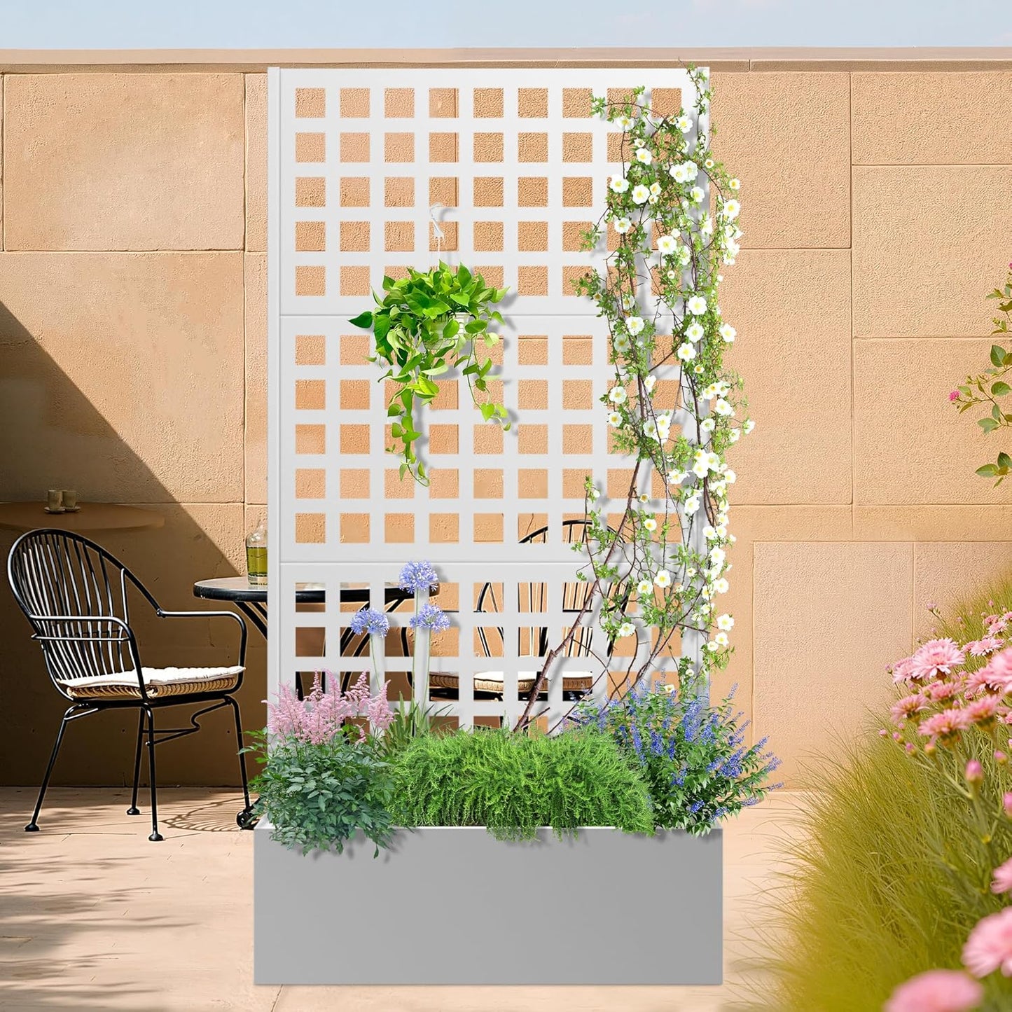 Metal Planter Box with Trellis, Heavy-Duty Raised Garden Bed for Climbing Plants, Drainage Hole, Outdoor Planter Box with Privacy Screen，35''L×16''W×71''H