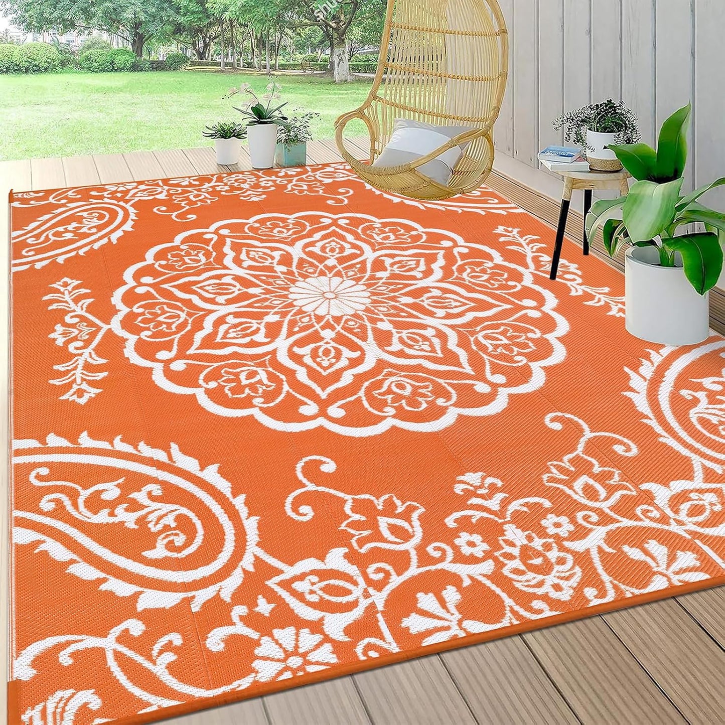 Pauwer Waterproof Outdoor Rug 6x9, Reversible Plastic Straw Patio Camping Rug, Indoor Outdoor RV Mat Carpet for Deck, Camper, Porch, Balcony, Backyard, Picnic, Boho Orange