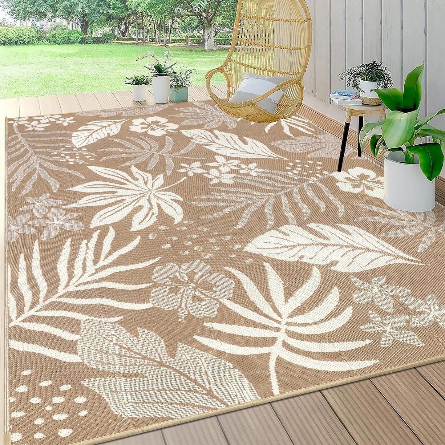 Pauwer Waterproof Outdoor Rug 9x12, Reversible Plastic Straw Patio Camping Rug, Indoor Outdoor RV Mat Carpet for Deck, Camper, Porch, Balcony, Backyard, Picnic, Floral Brown