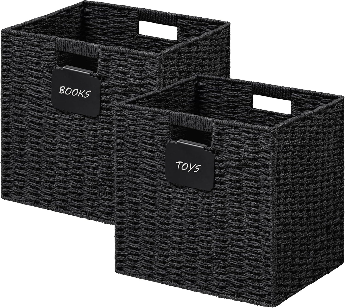 UBBCARE 2 Pack Wicker Basket, 12×12 Storage Cubes with Label, Foldable Cube Storage Bin with Handle, Square Storage Basket for Shelves, Woven Paper Rope Basket for Organizing, Black