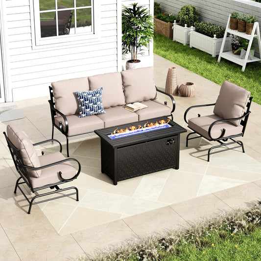 MFSTUDIO 5 Seats Large Metal Patio Conversation Sets, 4 Pieces Outdoor Sectional Furniture Sofa with 2 x Motion Chairs, 1 x 3-seat Sofa and 1 x 45 inches Rectangular Propane Fire Pit Table