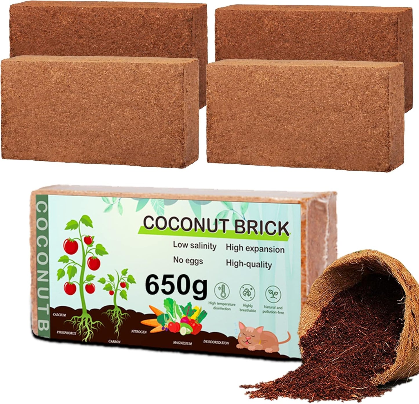 Premium Coco Coir Brick, 1.4Lb High Nutrinent Coconut Soil, OMRI 100% Organic Low EC & PH Balanced Potting Soil for All Plants Gardening, Hydroponics and Reptile Substrate (650G x 4)
