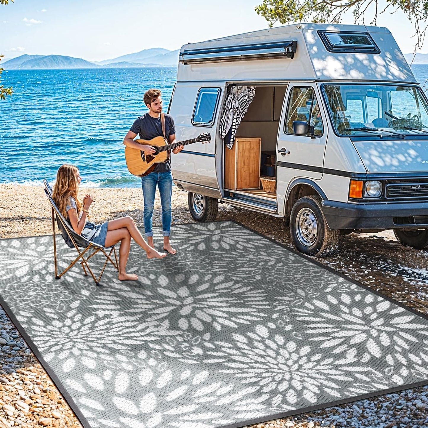 8'x10' Reversible Outdoor Rug - Eco-Friendly Plastic Straw Rug-Heavy-Duty Waterproof Mat, UV & Fade Resistant for Patio, Camping, RV, Deck, Balcony(8x10,Gray&Floral)