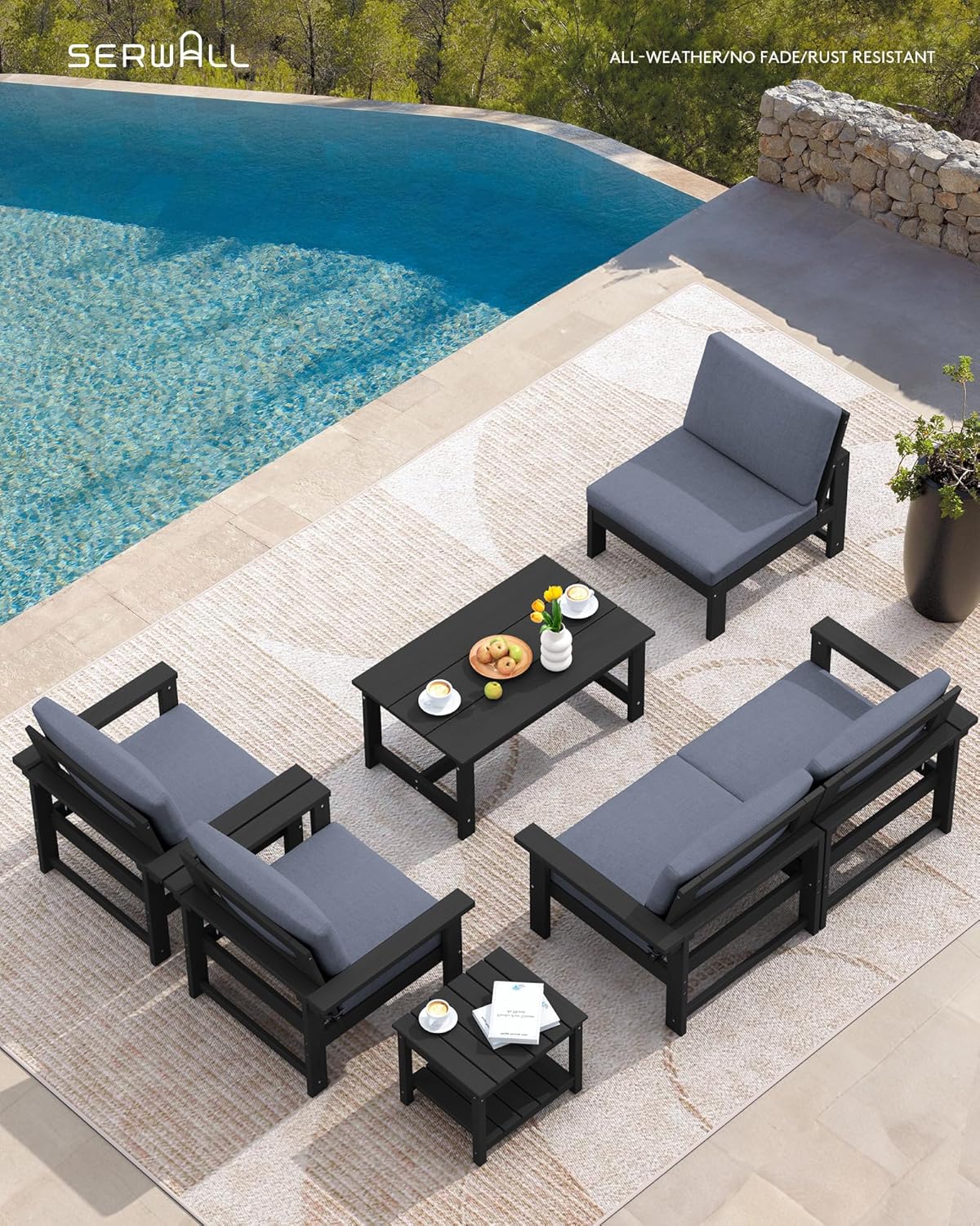 SERWALL HDPE Patio Furniture Set, 7-Piece Outdoor Sectional Sofa Set, All Weather Outdoor Couch Set for Deck, Lawn, Black Frame with Grey Cushion