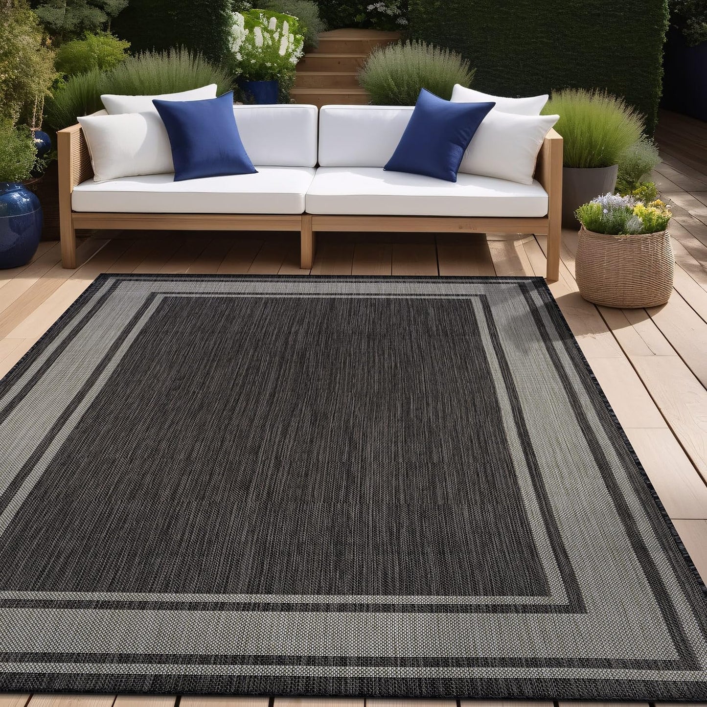Beverly Rug Outdoor Rug 6x9 Modern Bordered Area Rugs for Indoor and Outdoor Patio Deck Porch Garden Waterproof Weather Sun Resistant Washable Outside Carpet (6 x 9 Dark Gray)