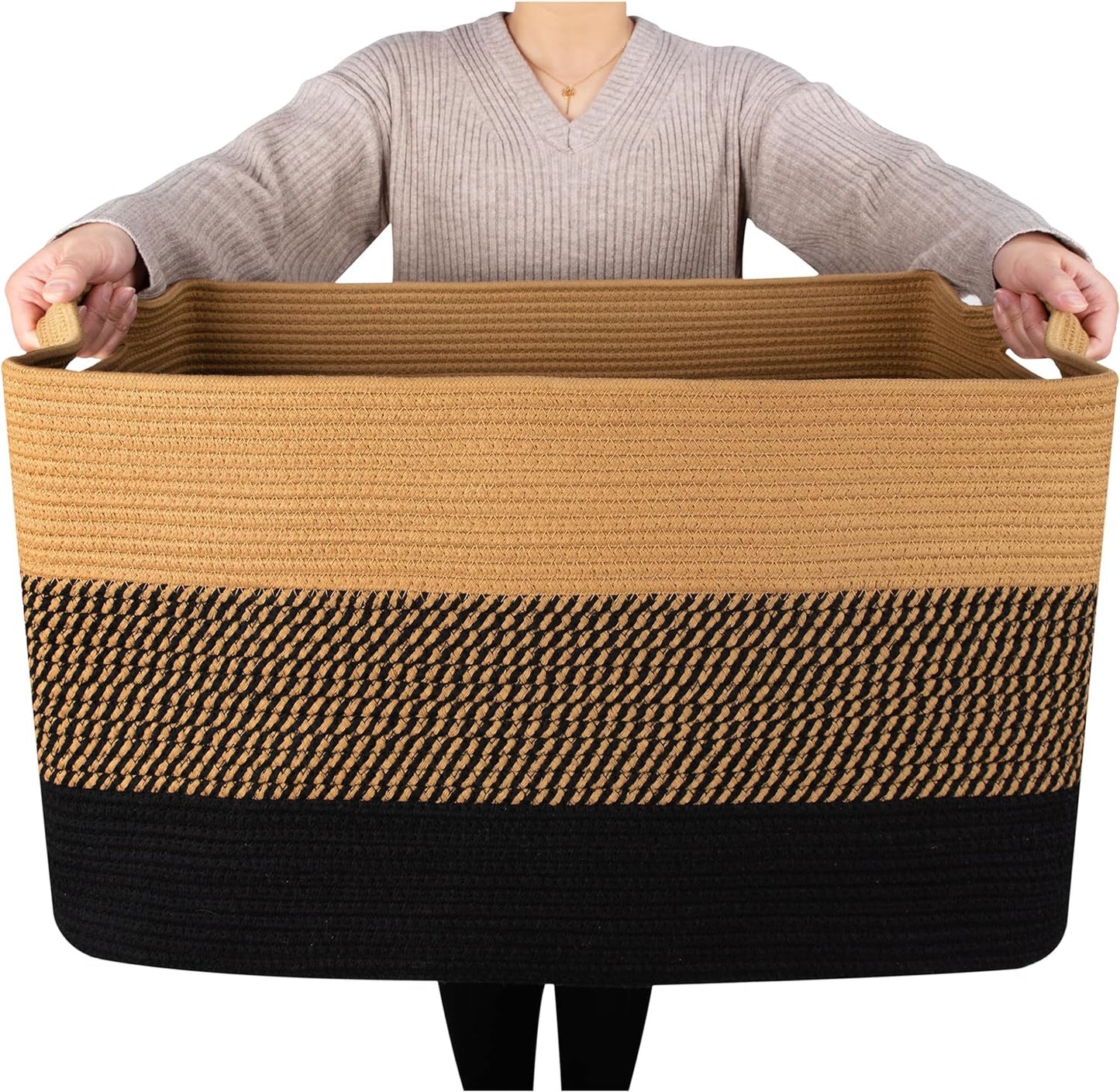 MINTWOOD Design 22in Extra Large Blanket Basket Holder for Living Room, Rectangle Rope Woven Storage Bin with Handles for Laundry, Pool Towels, and Shoes, Dog Toy Box Organizer, Black Jute