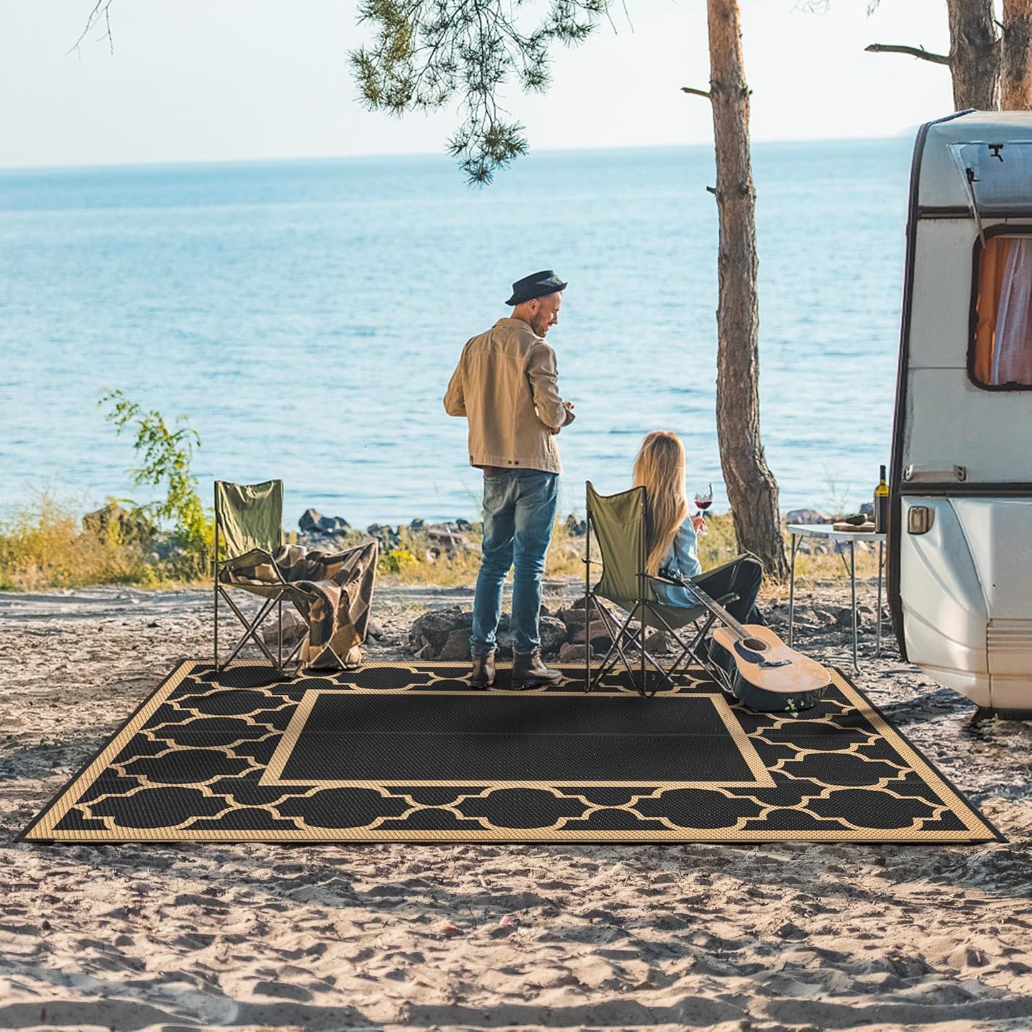 GENIMO Outdoor Rug 9' x 12' Patio Waterproof, Foldable Reversible Plastic Straw Area Rugs Mat for Camper Decor, Outside Carpet for Rv, Deck, Porch, Picnic, Beach, Balcony, Black & Brown