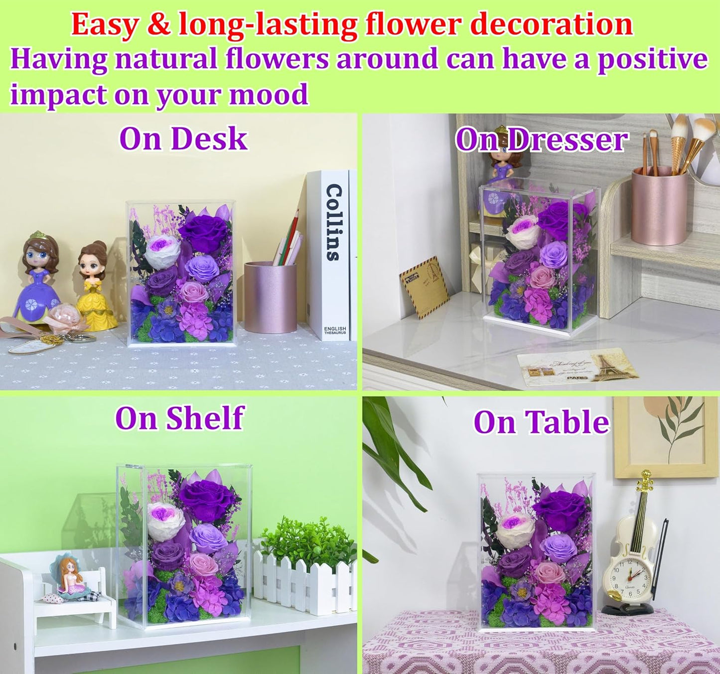 Valley of Rain & Forest Long-Lasting Real Flowers, Handcrafted Preserved Rose Bush For you to Send Love for All Occasions, Floral Arrangement for Indoor Decoration (Dark Purple Rose)