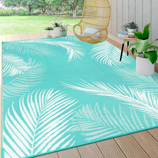 Pauwer Waterproof Outdoor Rug 8x10, Reversible Plastic Straw Patio Camping Rug, Indoor Outdoor RV Mat Carpet for Deck, Camper, Porch, Balcony, Backyard, Picnic, Leaf Light Blue