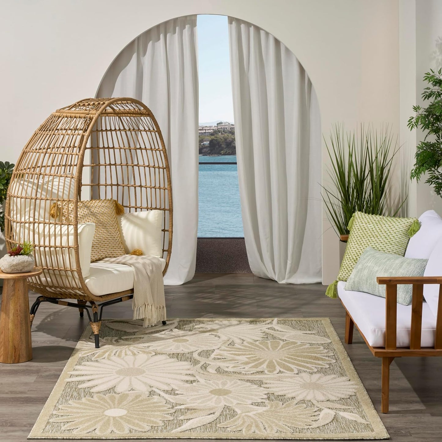 Nourison Aloha Ivory Sage 3'6" x 5'6" Area Rug - Easy Clean, Non Shedding, Bed Room, Living Room, Dining Room, Kitchen (4' x 6')