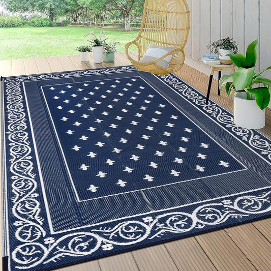 Pauwer Waterproof Outdoor Rug 8x10, Reversible Plastic Straw Patio Camping Rug, Indoor Outdoor RV Mat Carpet for Deck, Camper, Porch, Balcony, Backyard, Picnic, Bordered Navy