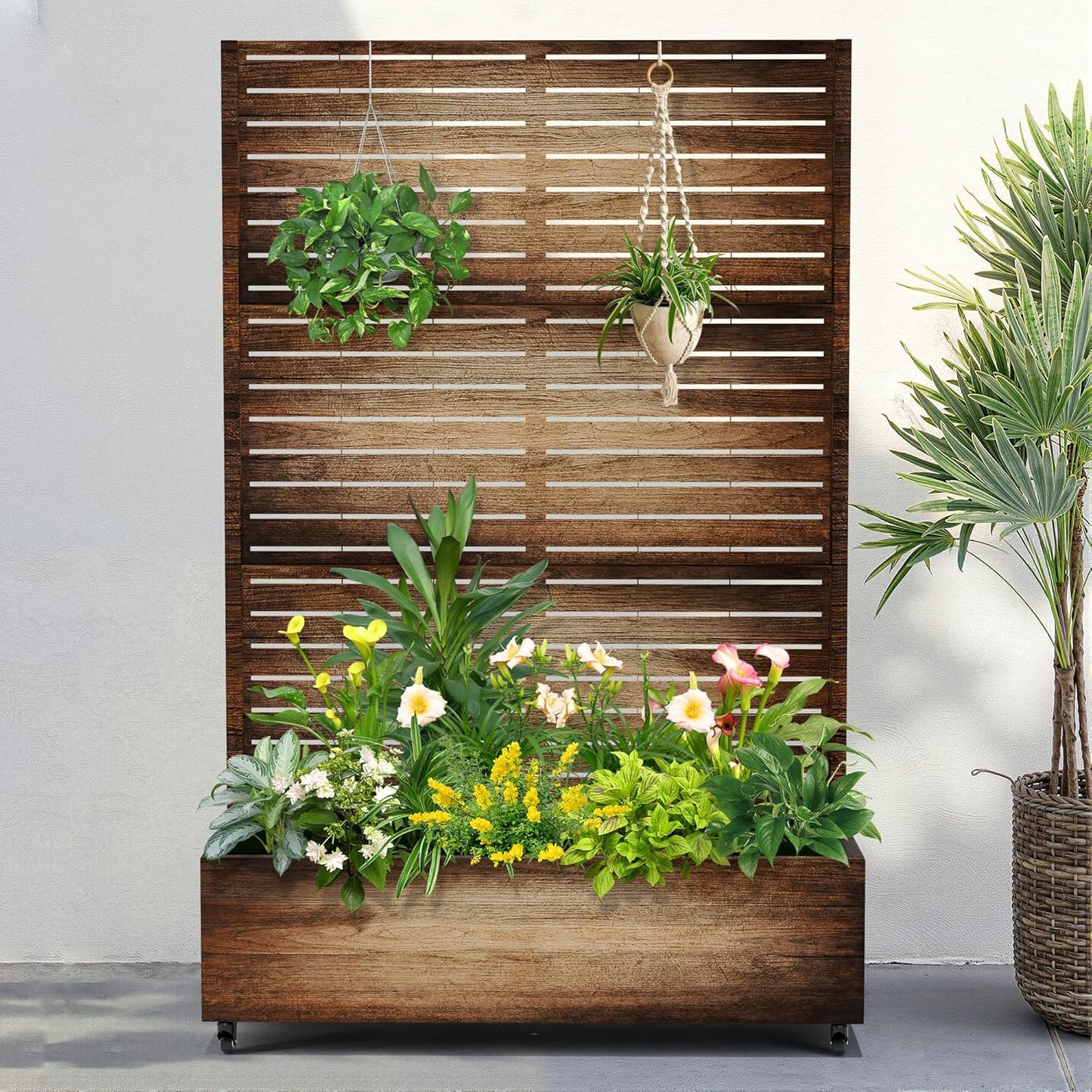 FENCY Metal Raised Garden Bed with Wheels and Trellis,73"x47"x16" Planter Box for Climbing Plants, Vegetables & Vines, Features Privacy Screen and Drainage Holes (Vintage Wood Color)