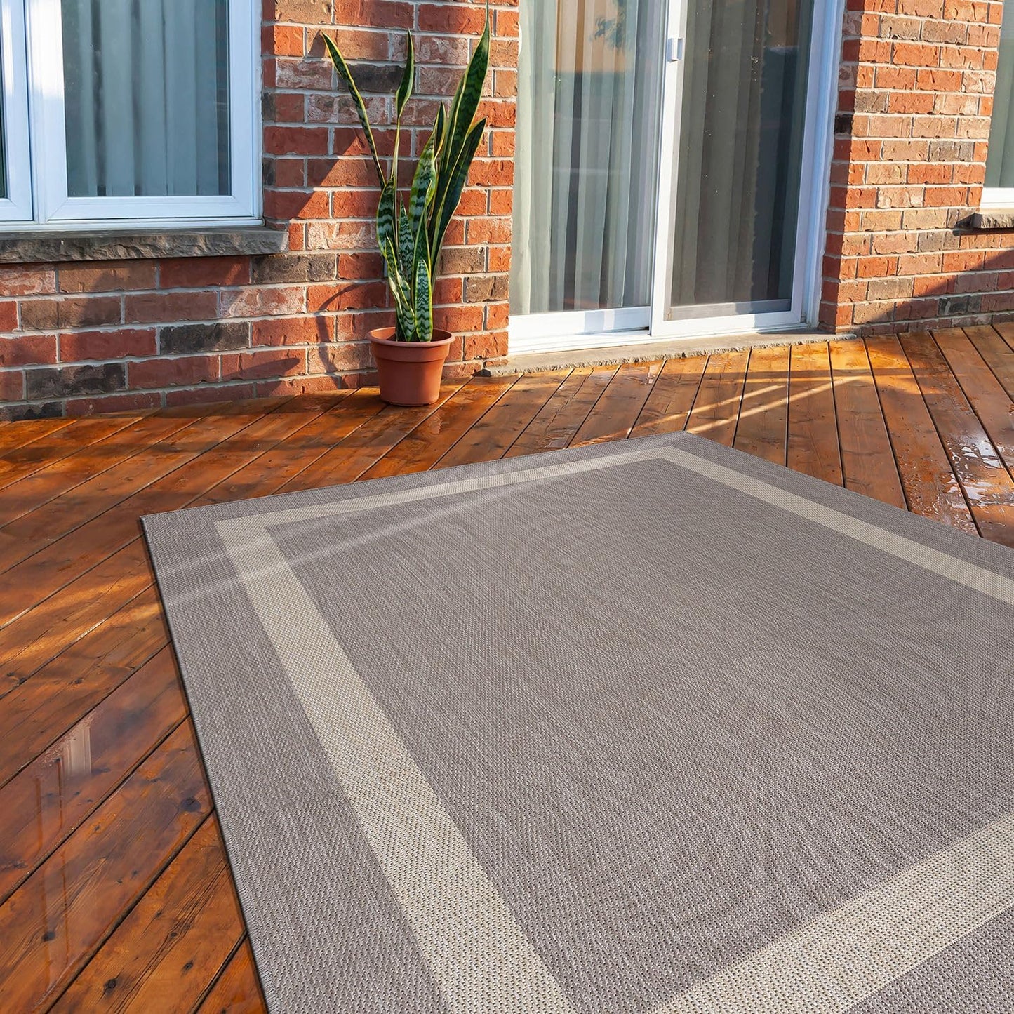 CAMILSON Outdoor Rug 6x9,Modern Outside Rugs for Patios Porches Waterproof Durable Washable Non-Shedding, Easy-to-Clean Indoor Outdoor Area Carpet (6 x 9, Bordered - Gray/White)