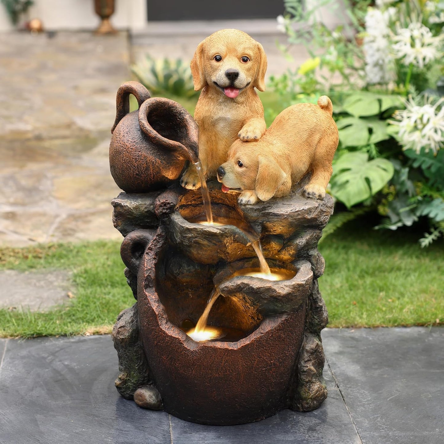LuxenHome Outdoor Water Fountain, 25 Inch Puppy and Pitchers Pot Resin Water Fountains Indoor with LED Lights, Farmhouse Waterfall Outdoor, Indoor Fountains and Waterfalls for Patio, Garden Decor