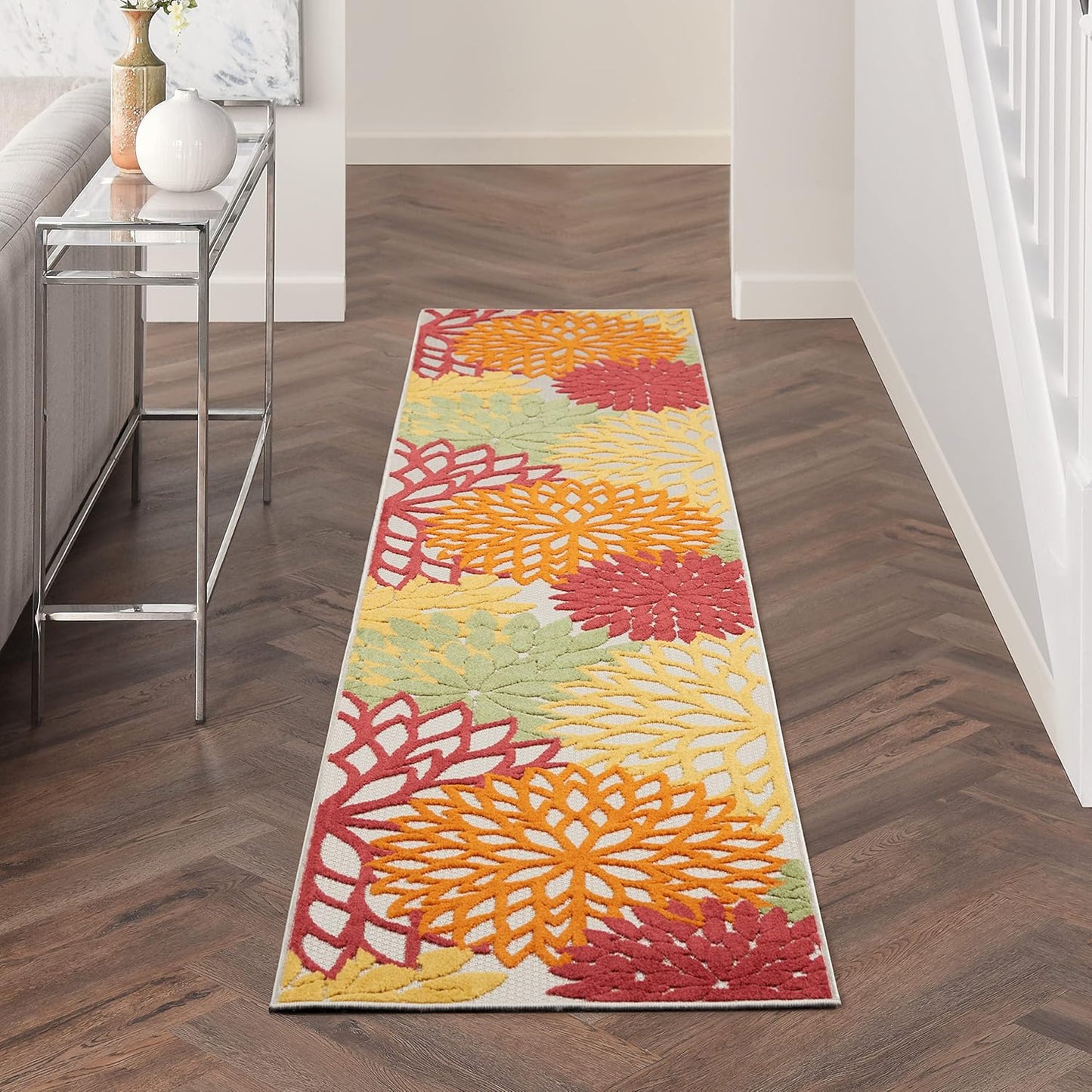 Nourison Aloha Indoor/Outdoor Red Multi Colored 2'3" x 10' Area Rug, Tropical, Botanical, Easy Cleaning, Non Shedding, Bed Room, Living Room, Dining Room, Deck, Backyard, Patio (2x10)