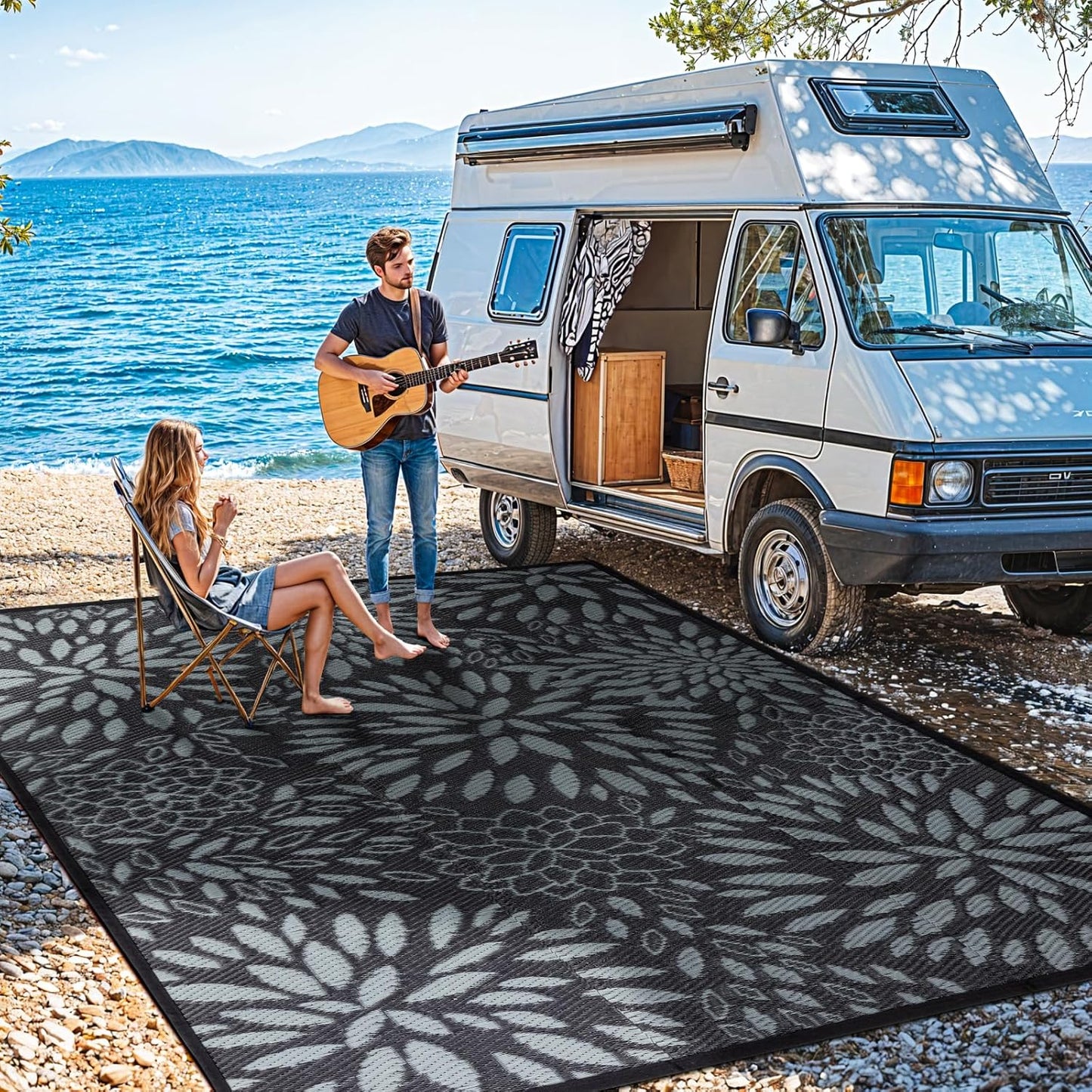 8'x10' Reversible Outdoor Rug - Eco-Friendly Plastic Straw Rug-Heavy-Duty Waterproof Mat, UV & Fade Resistant for Patio, Camping, RV, Deck, Balcony(8x10,Black&Floral)