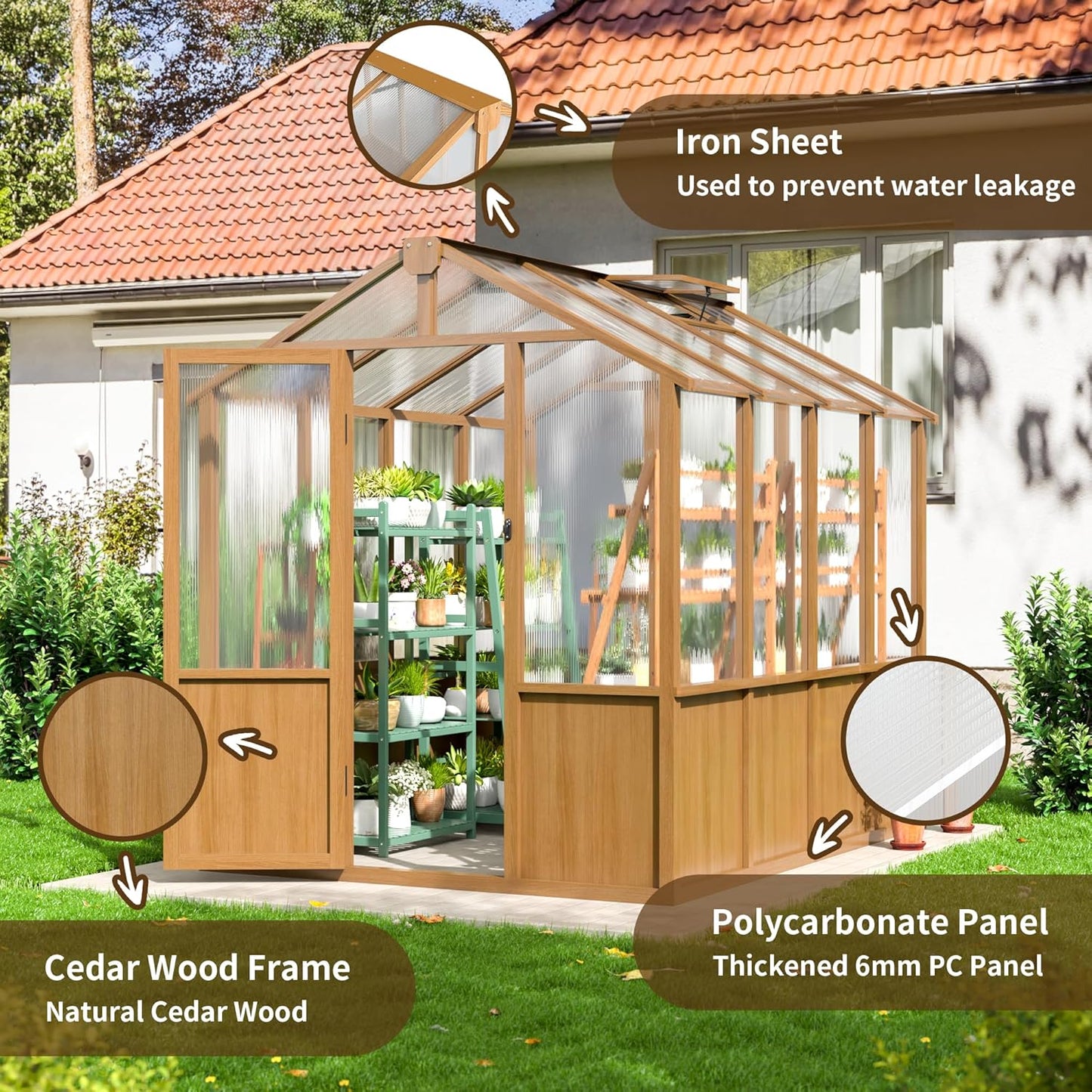 6x8 FT Greenhouse, Wooden Walk-in Greenhouse for Outdoors with 6MM Thick Polycarbonate Panel and Adjustable Roof Vents, Garden Backyard, Patio, Lawn, Wood Colour