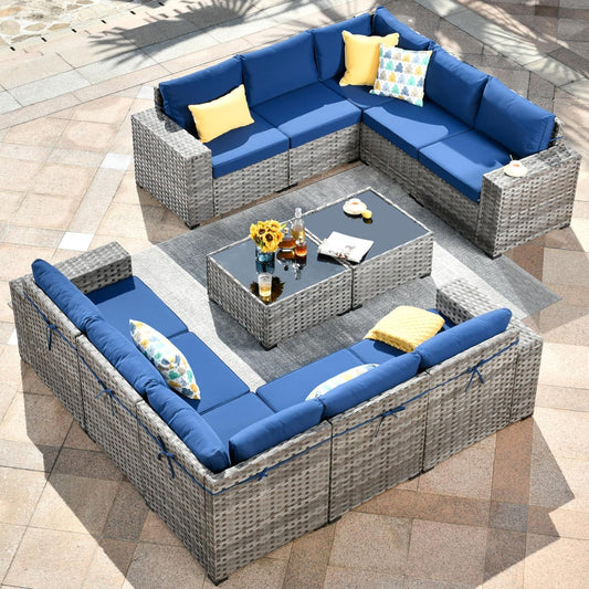 HOOOWOOO 12 Piece Modular Patio Outdoor Sectional Furniture Sofa Set,Wicker Conversation Set,Out Door Couch Set with Wide Arm for Outside All Weather(Navy Blue)